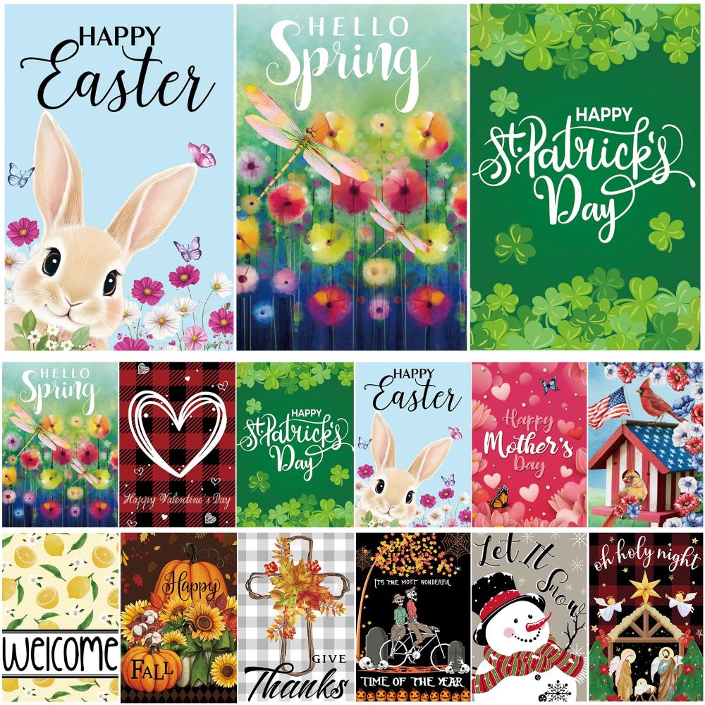 Aoibox  12 Pack Double Sided 12 x 18 Inch Seasonal Garden Flags for Yard Outdoor Holiday Decor Christmas Halloween Fall Winter Spring Summer
