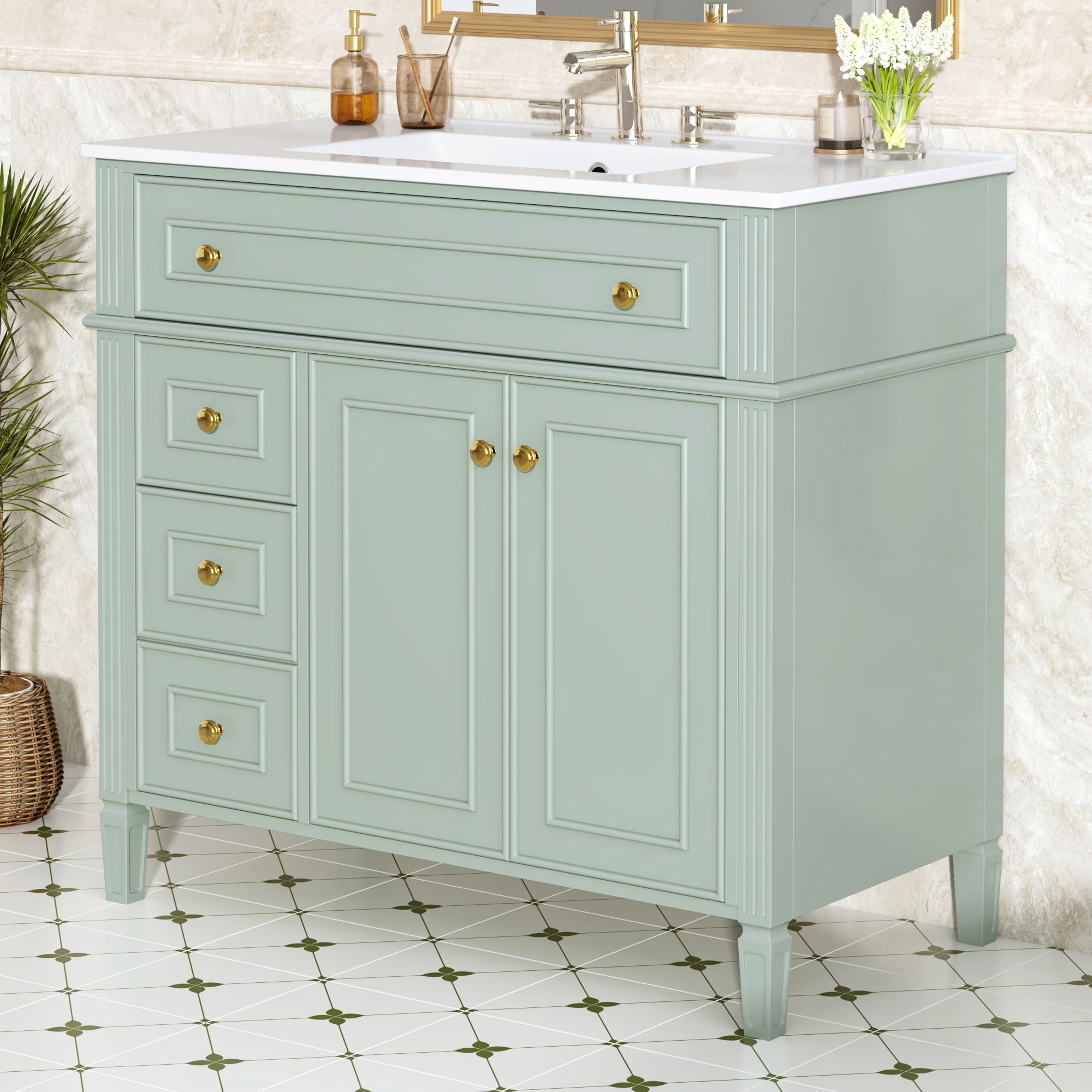 JUSHUA 36 inch Green Bathroom Vanity with Sink Flip Out Drawer 3 Drawers 2 Soft Close Doors and Gold Handles