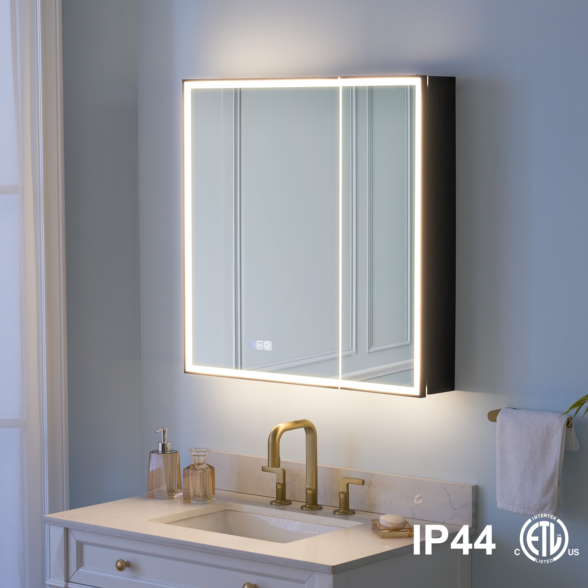 WELLFOR AYLA 36-in x 30-in Lighted LED Fog Free Surface/Recessed Mount Black Soft Close Medicine Cabinet with Outlet