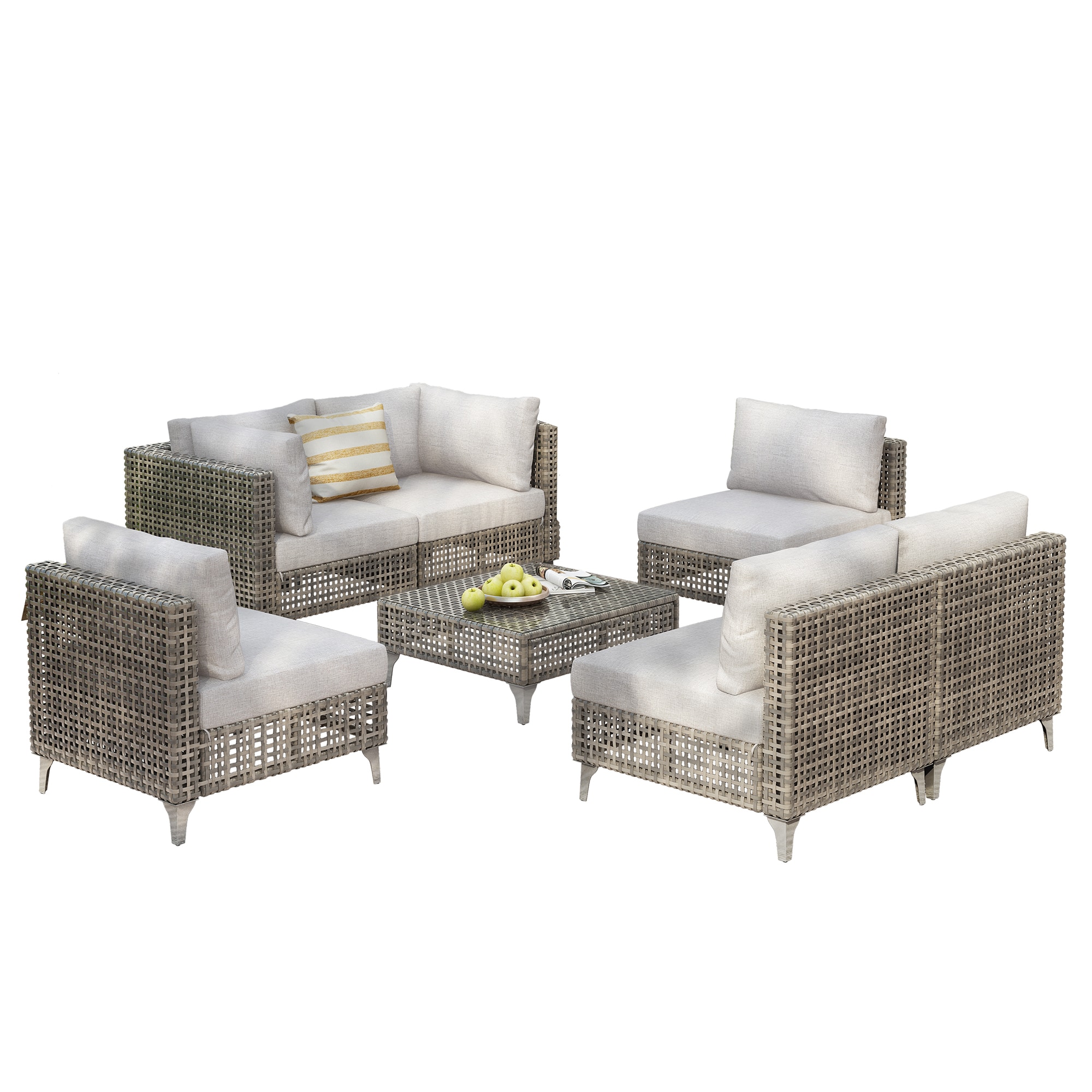 SINOFURN SYB260073GY Wicker Outdoor Sectional with Gray Cushions and Wicker Frame