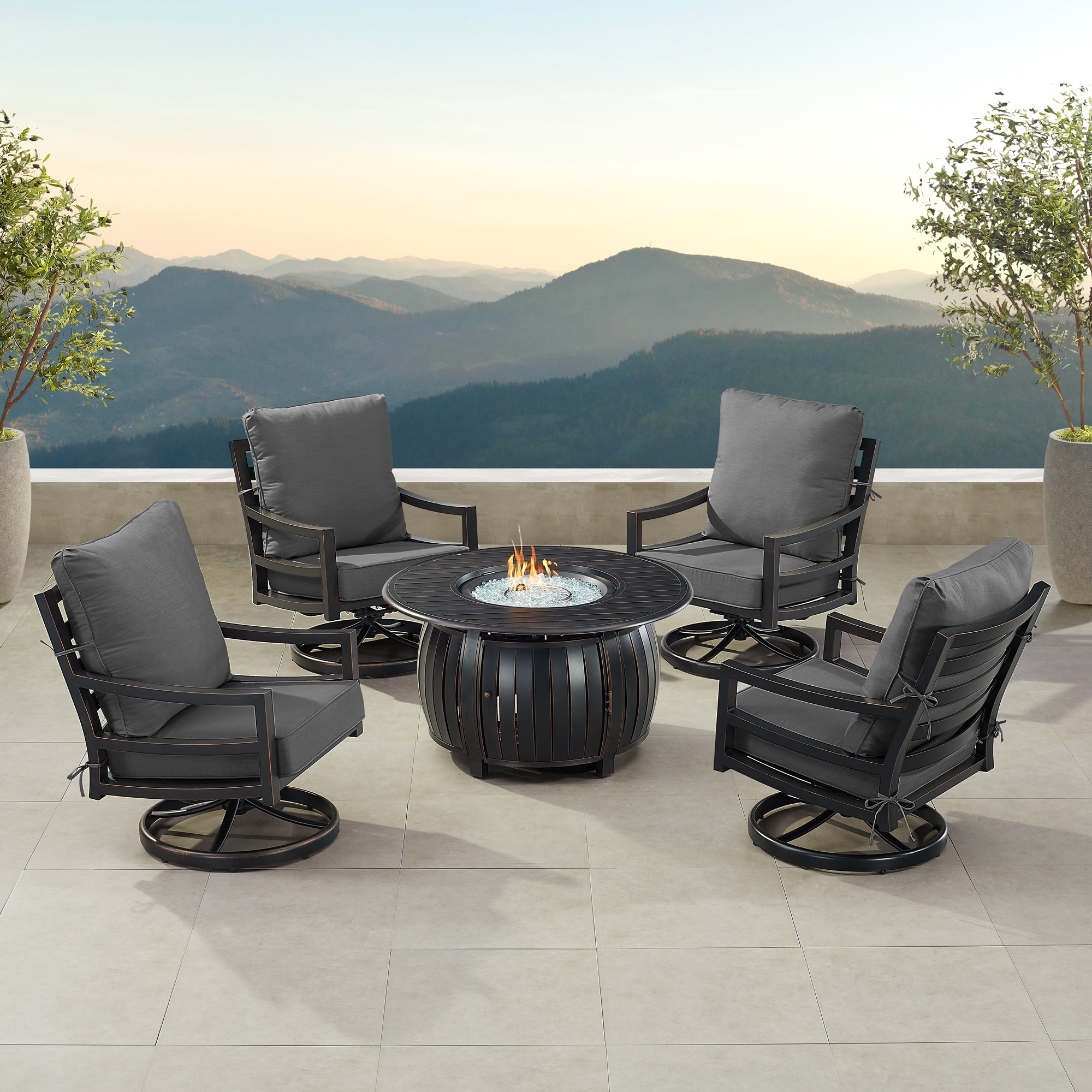 Oakland Living HUDSON4CHITALYBKCU Fire Pit Table Set, Four Lounge Chairs, Wind Guard and Ice Bucket 15 -Piece Patio Conversation Set with Black Cushions