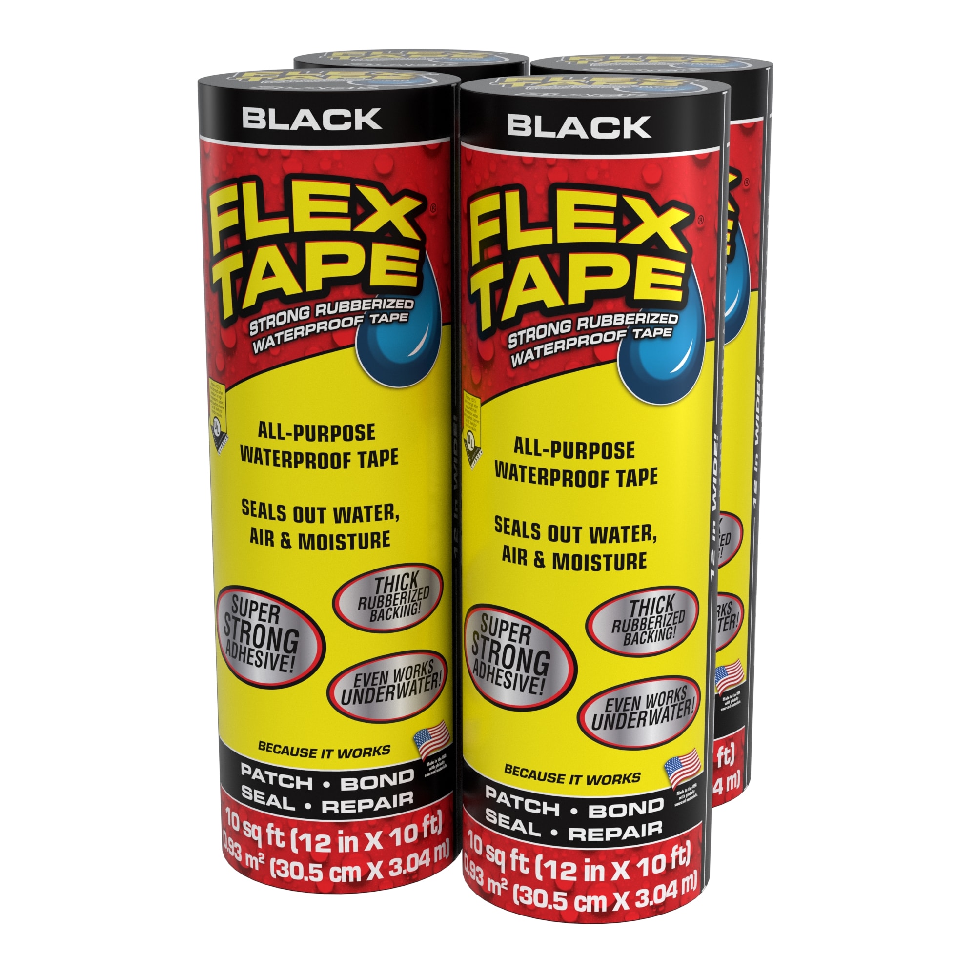 Flex Tape Black Waterproof Rubberized Duct Tape 12-in x 10 Feet 4 -Pack
