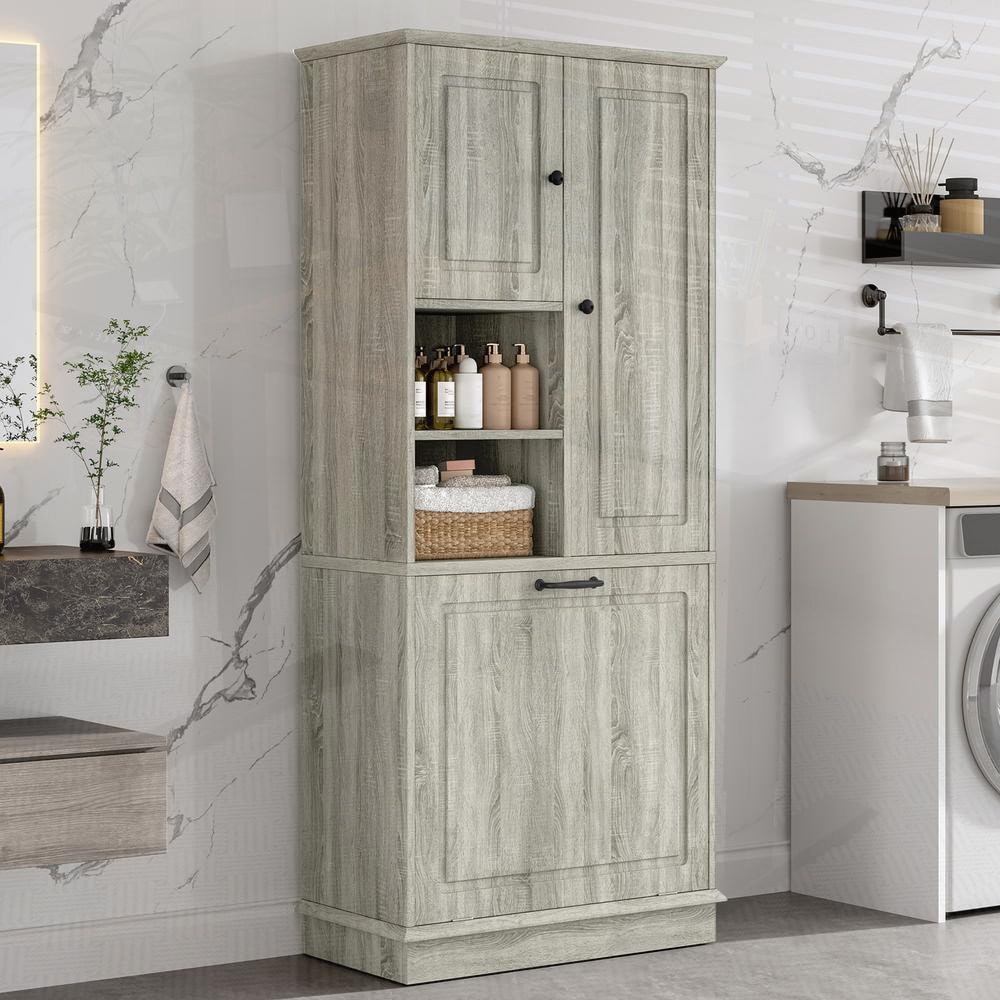 SunJet Tall Storage Cabinet Oak MDF with Adjustable Shelves Large Flip Out Basket Two Closed Cabinets Aluminum Handles