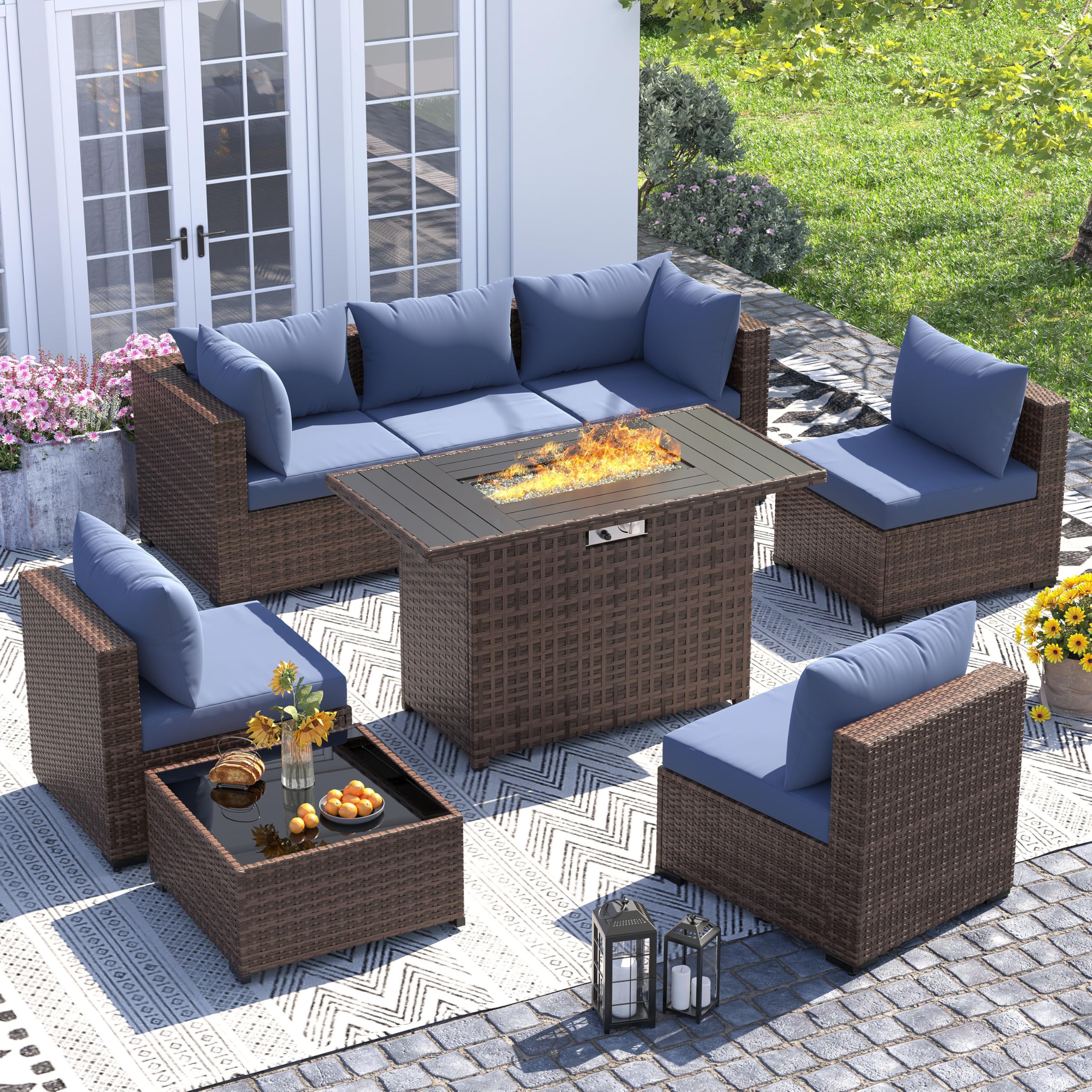 UDPATIO - 8pcs Outdoor Sectional Rattan Sofa Set with Coffee Table and Fire Pit Table