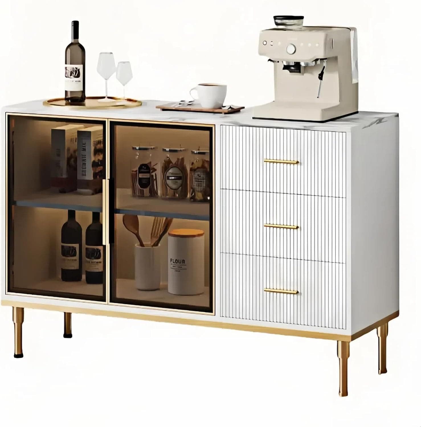 Qeetex DHZ-PHO-33KE4GQH Buffet Sideboard Cabinet with Storage 46.4 inch Large Fluted Kitchen Sideboard Cabinet with 2 Glass Doors 3 Drawers and Shelves Faux Marble Top Buffet Table for Dining Room Living Room White