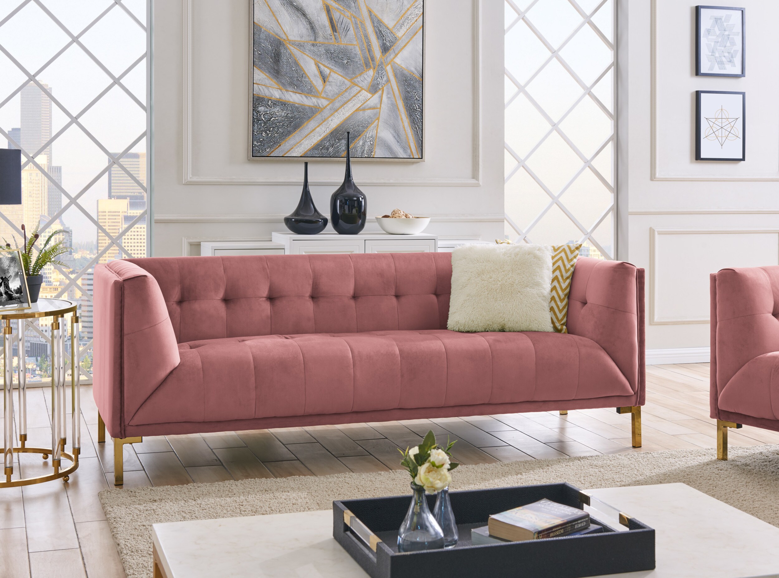 Chic Home Design Azalea 87-in Modern Blush Velvet 3-seater Sofa in the ...