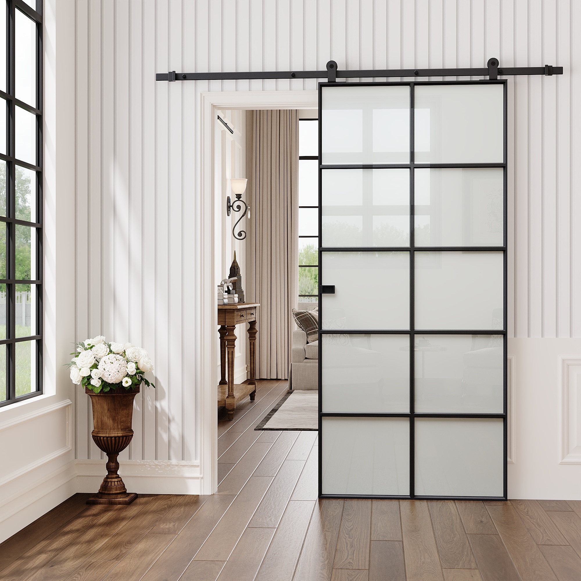 JUJUBON Black Frosted Glass Aluminum Solid Core Single Barn Door (Hardware Included)