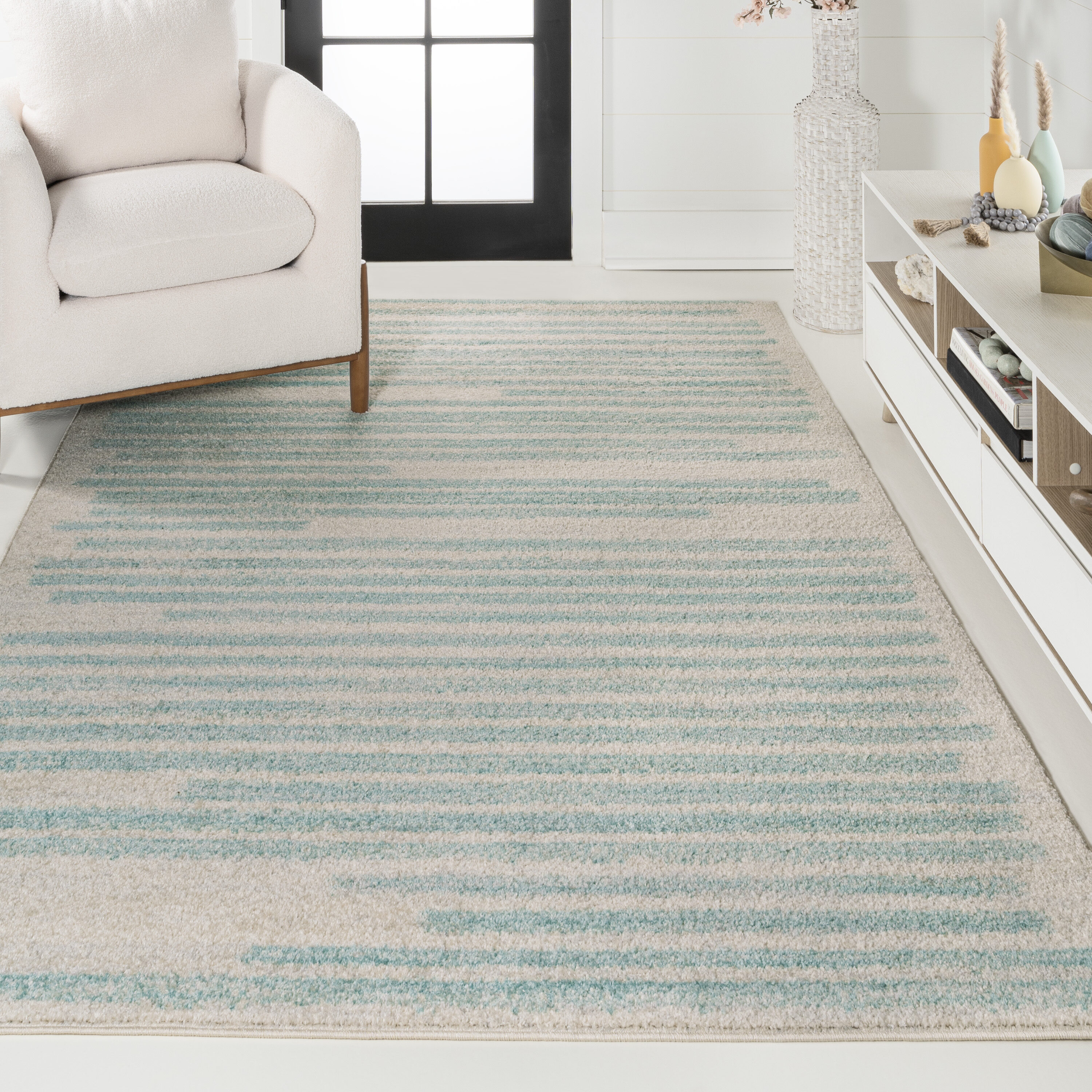 JONATHAN  Y MOH207B-3 Moroccan HYPE Khalil 3 x 5 (ft) Loomed Polypropylene Cream/Turquoise Rectangular Indoor Stripe French Country Area rug