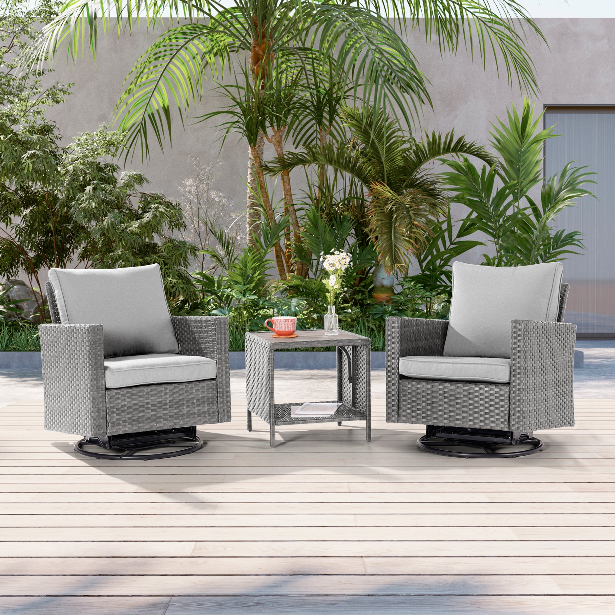 Sonkuki SD-PS2R-HLY-T3 Patio Conversation Set 3 -Piece Wicker Patio Conversation Set with Gray Cushions