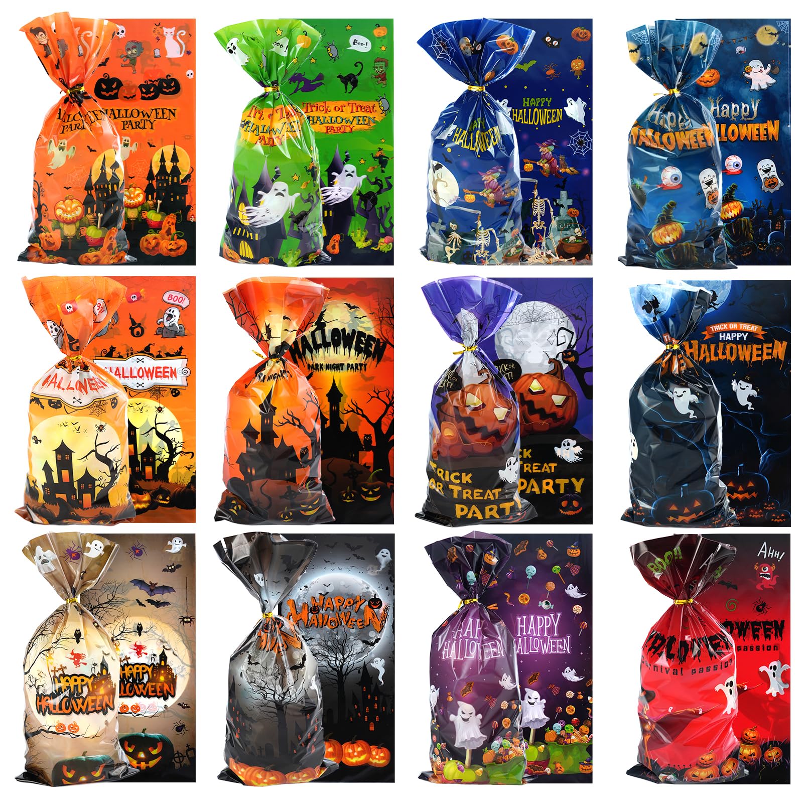 AOIZGMY  Halloween Cellophane Treat Bags 150 Pieces with Twist Ties 12 Styles Clear Goodie Bags for Party Favors and Trick or Treat