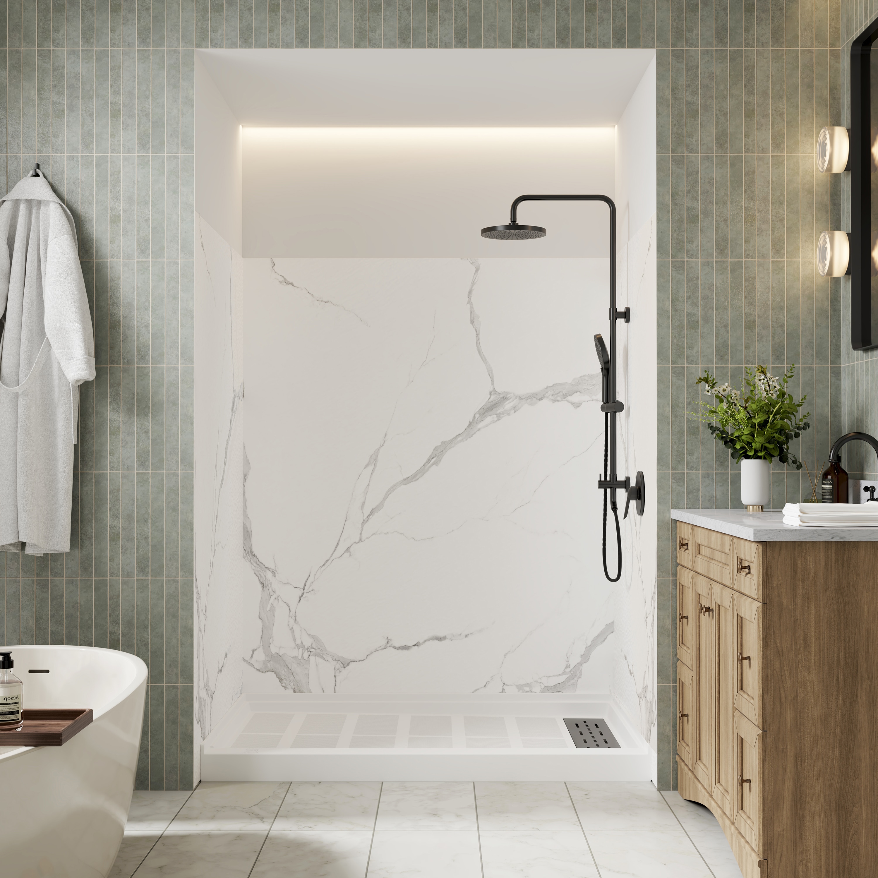 CASAINC 60-in W x 36-in D x 75-in H Marble Pattern 3 -Piece Glue Up Alcove Shower wall surround