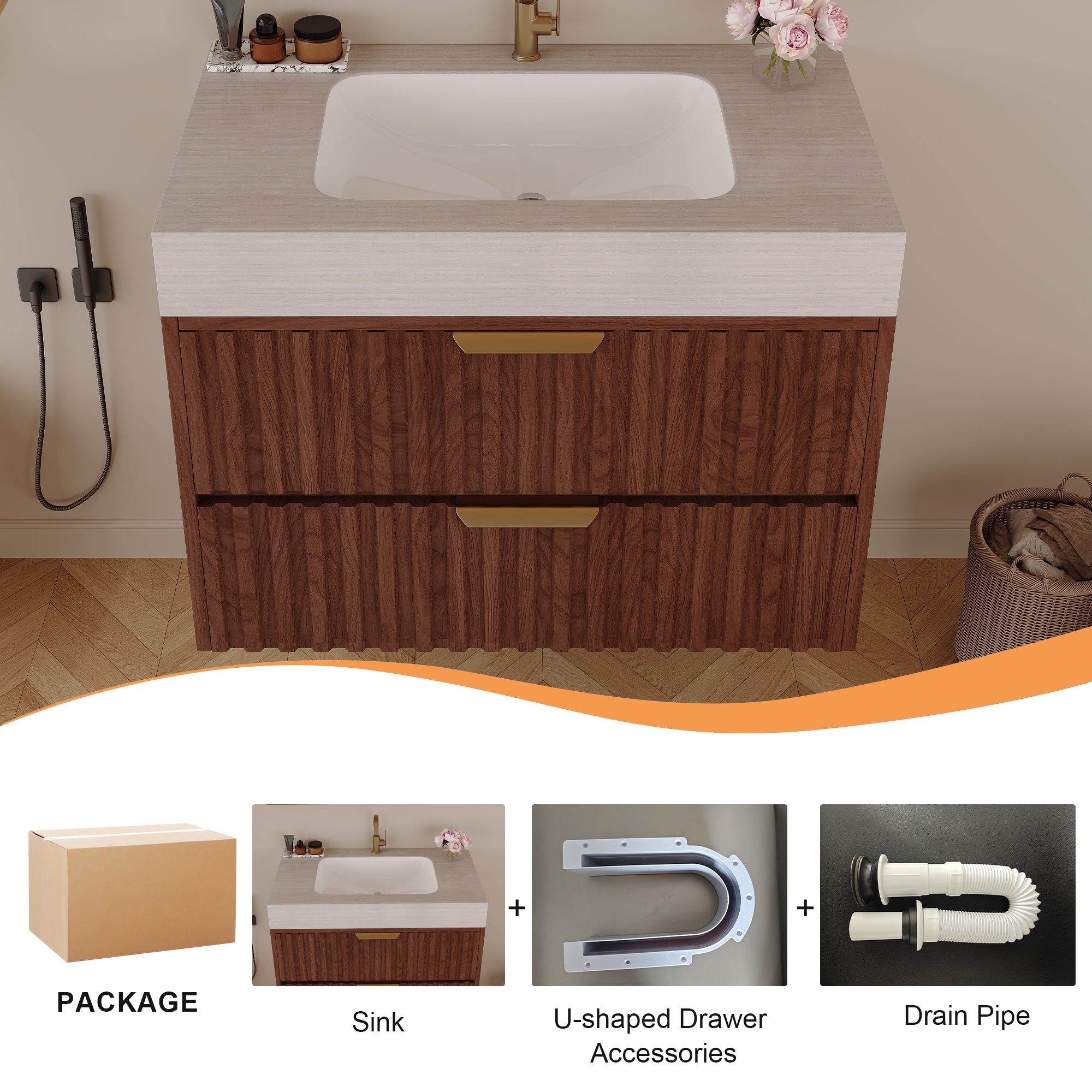 Afhocomp 30 in. Single Sink Wall-mount Walnut Bath Vanity with Almond ...