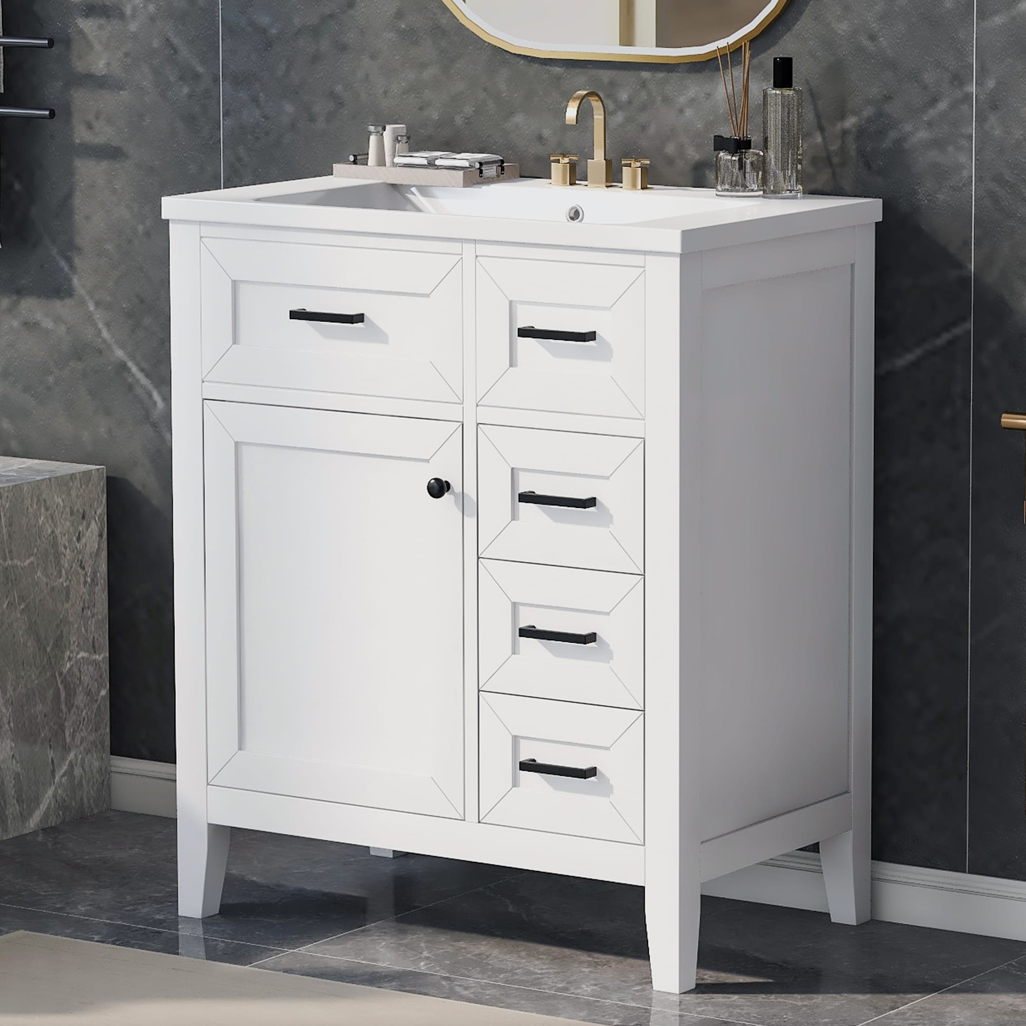 WELLFOR NIE-M5TP003 Pre-Drilled Three Holes (For 4-In Centerset Faucet) 30-in White Undermount Single Sink Bathroom Vanity with White Ceramic Top