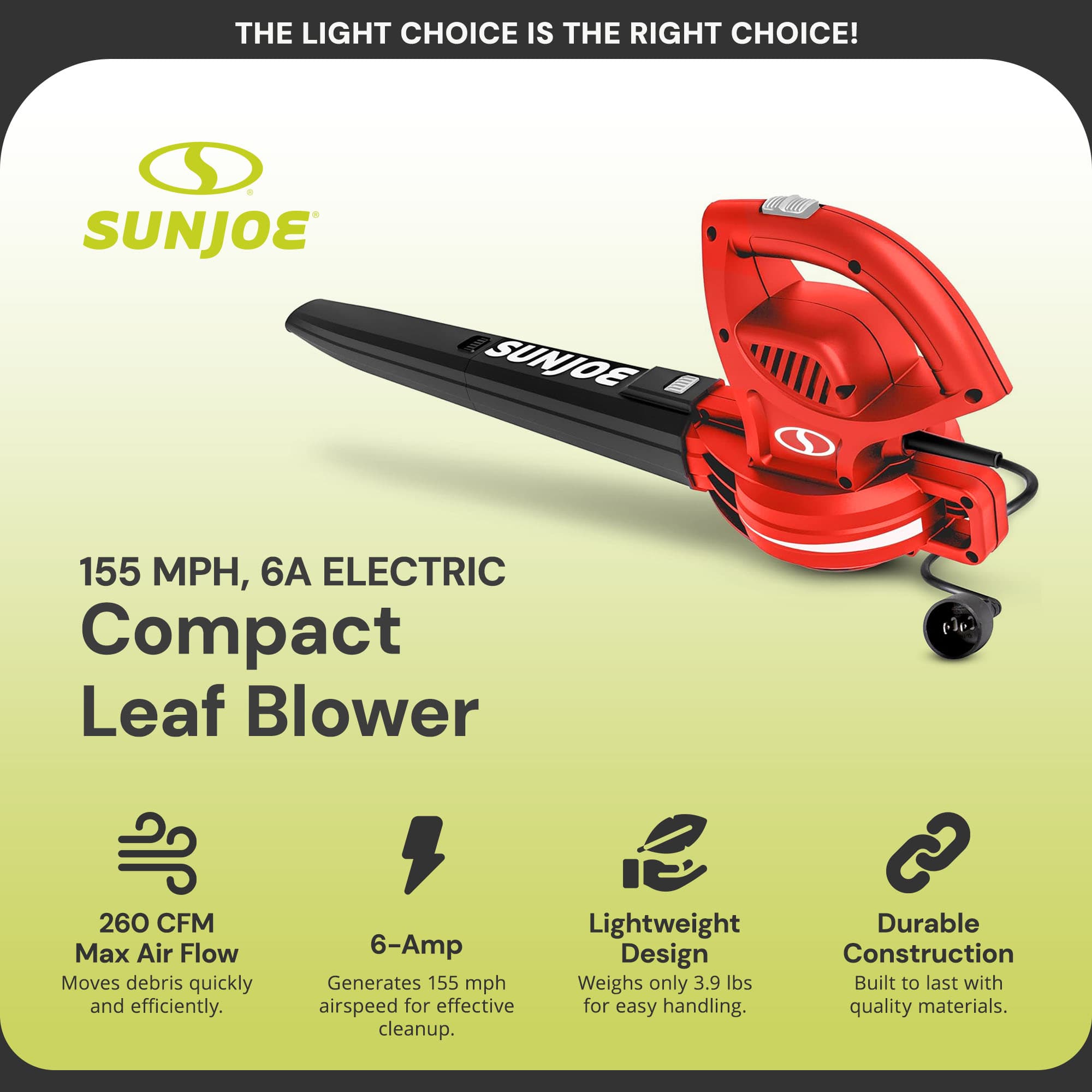 Sun Joe Electric All Purpose Leaf Blower with 6 Amp Motor and 155 MPH Air Speed Grey