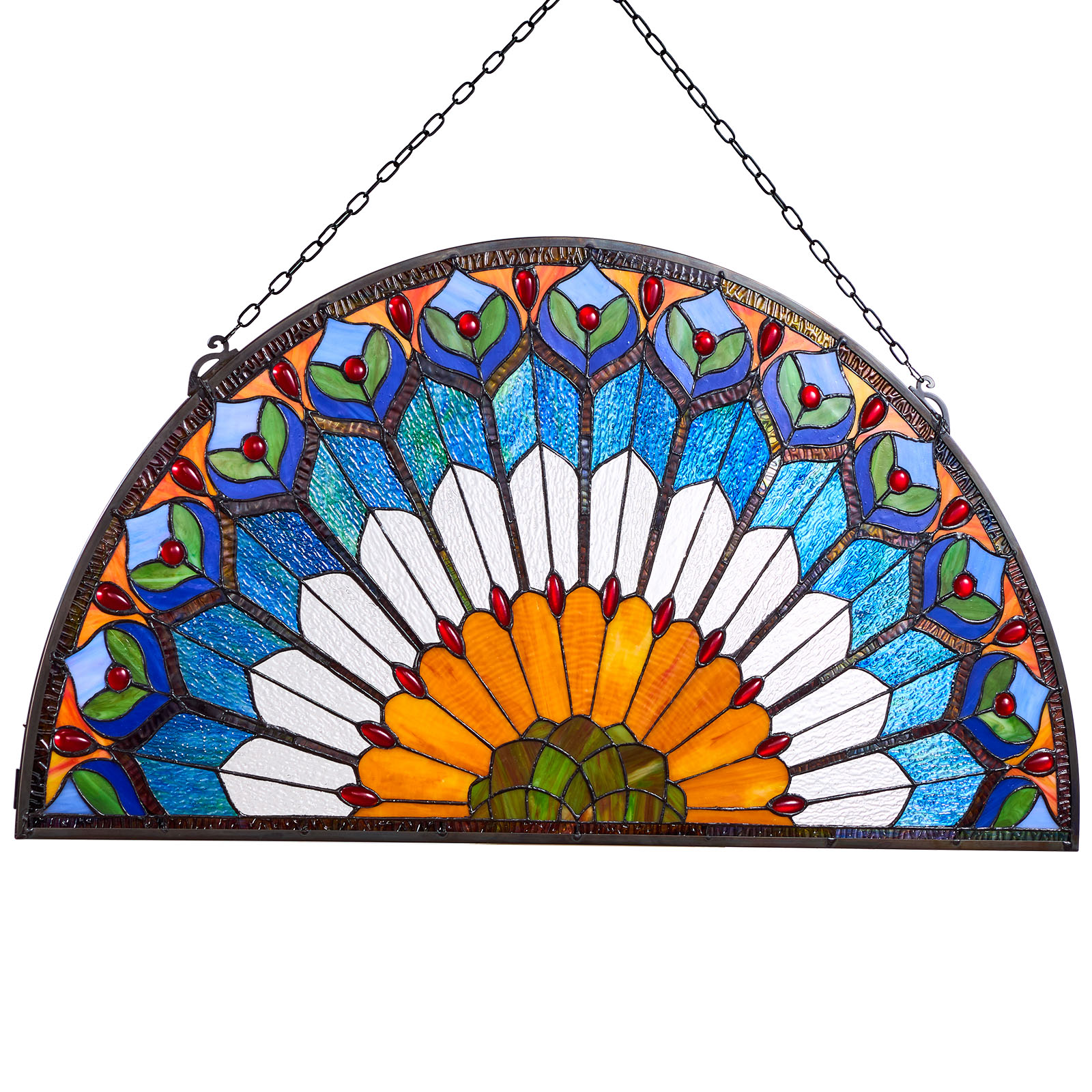 VEVOR SCBYXCSBLBBY08781V0 Stained Glass Window Panel  36 x 18 in  Tiffany Style Hanging Transom Window Panel with Chain  Large Half-Round Stain Glass Hanging  Vintage Traditional Art Handcrafts for Kitchen Home Decor
