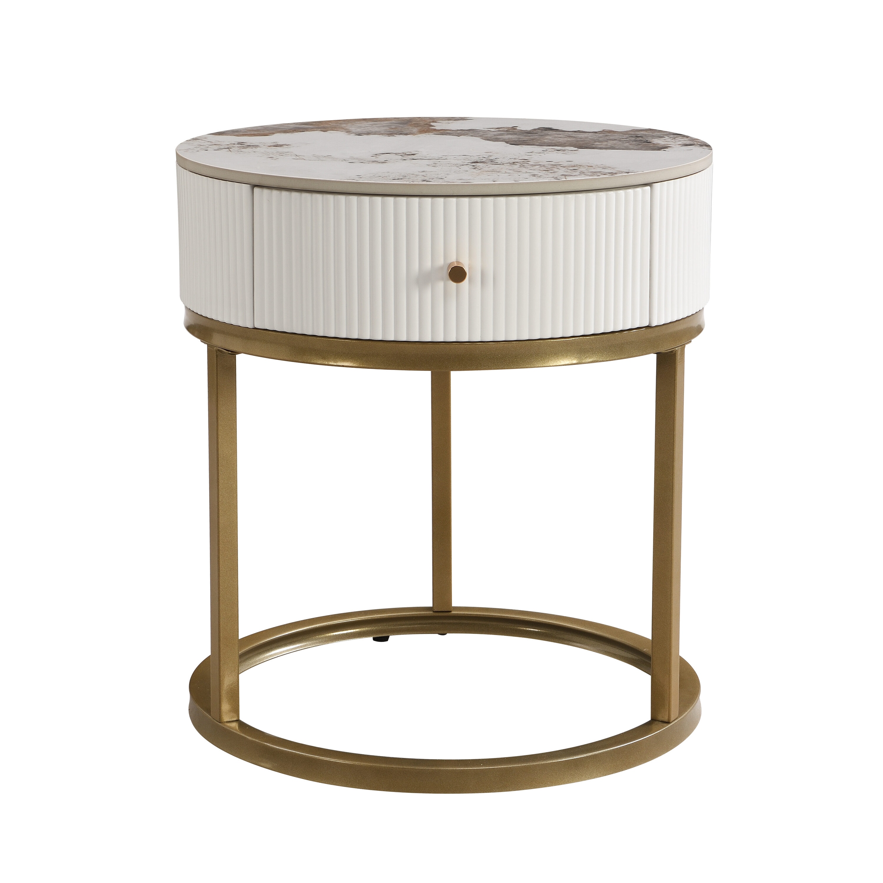 FurniFusion SF-R-84388 19.69-in W x 21.85-in H White Metal Round Modern End Table with Storage Assembly Required