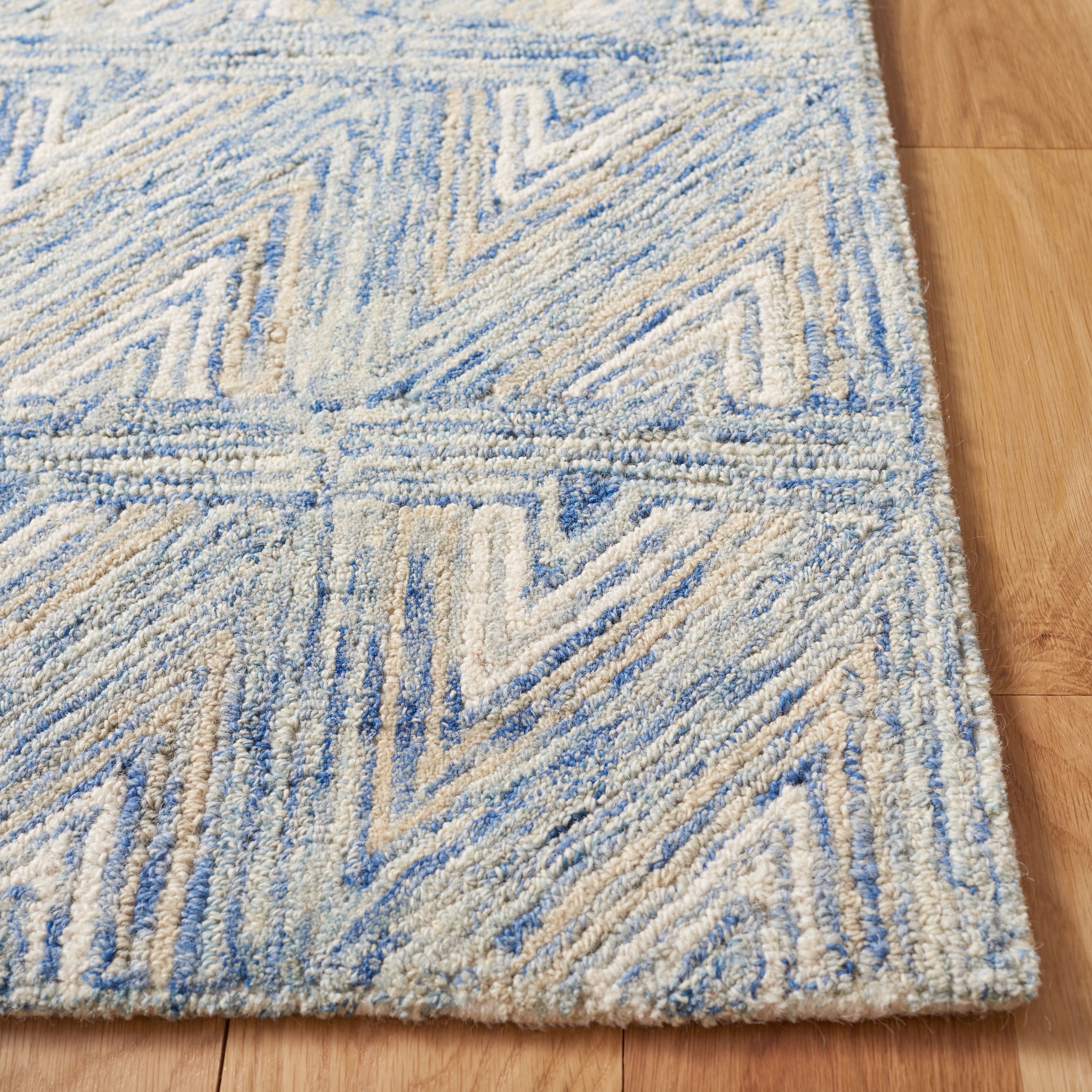 Blue and Beige Abstract Hand Tufted Wool Runner Rug