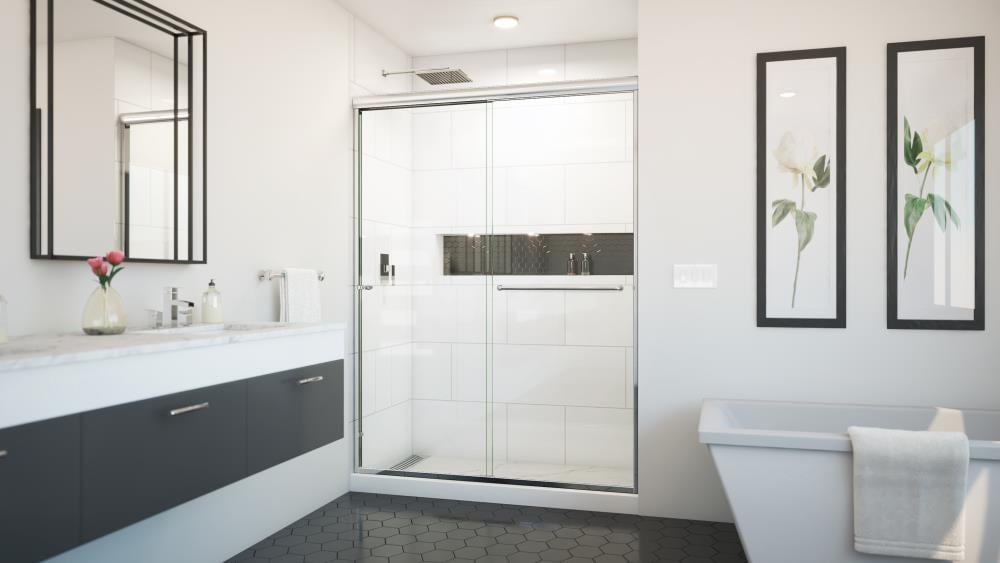 Arizona Shower Door ES16080CHCLL Euro Polished Chrome 56-in to 60-in W x 80.375-in H Semi-frameless Bypass Sliding Shower door 1/4-in Thick Clear Glass