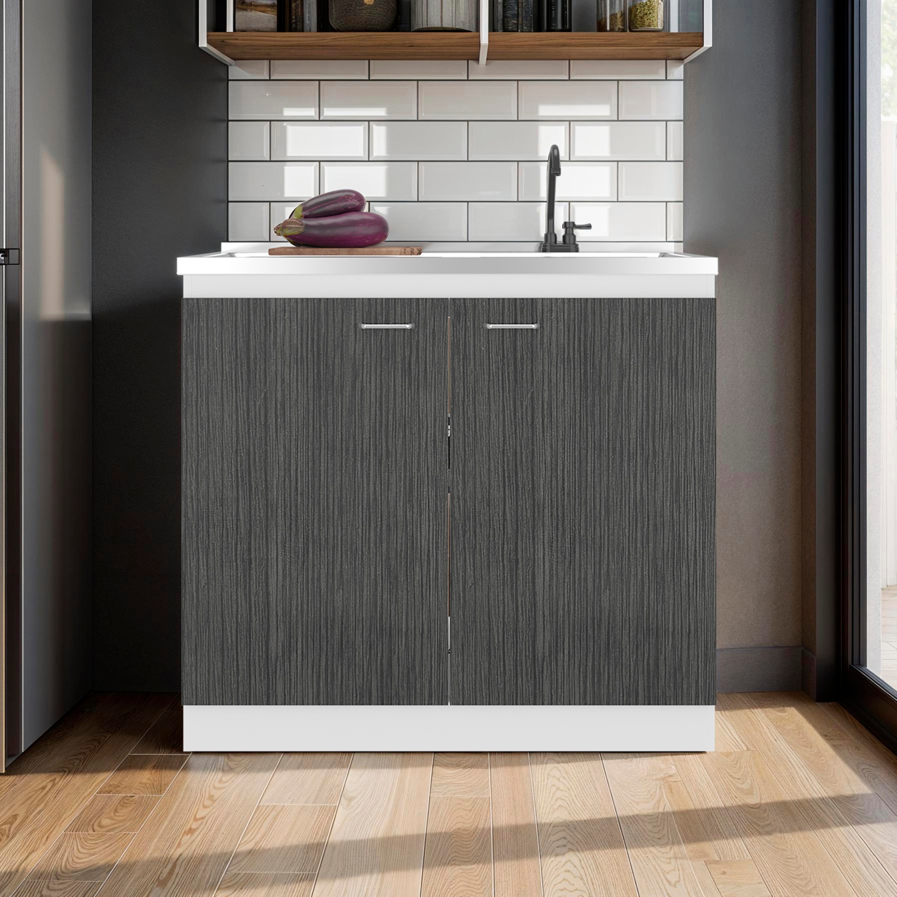 FAVSH  20.6-in x 39.4-in White and Dark Espresso and Gray Utility Sink with Cabinet with 2 Doors with 3 Shelves