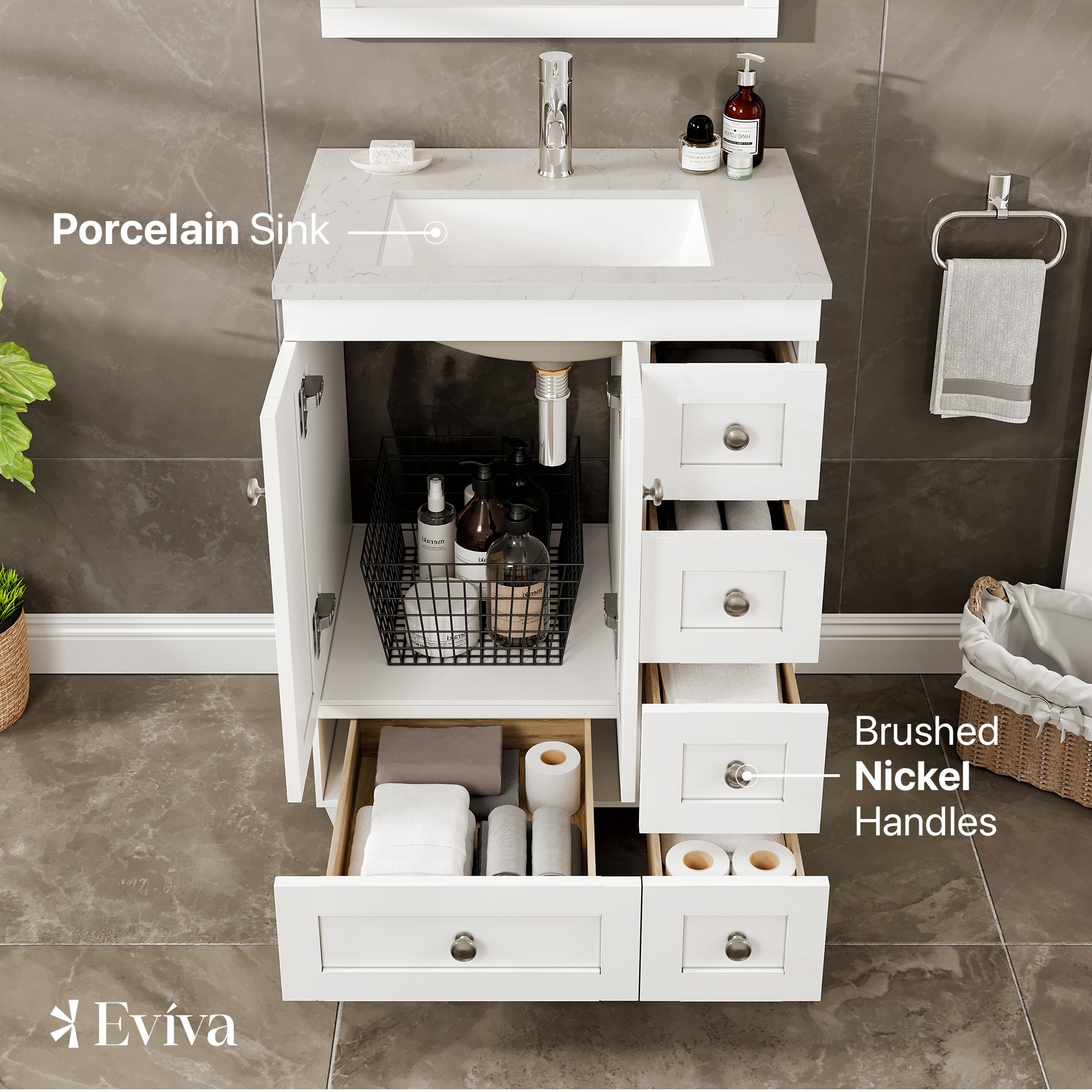 White 24" Bathroom Vanity with Carrara Quartz Top and Sink