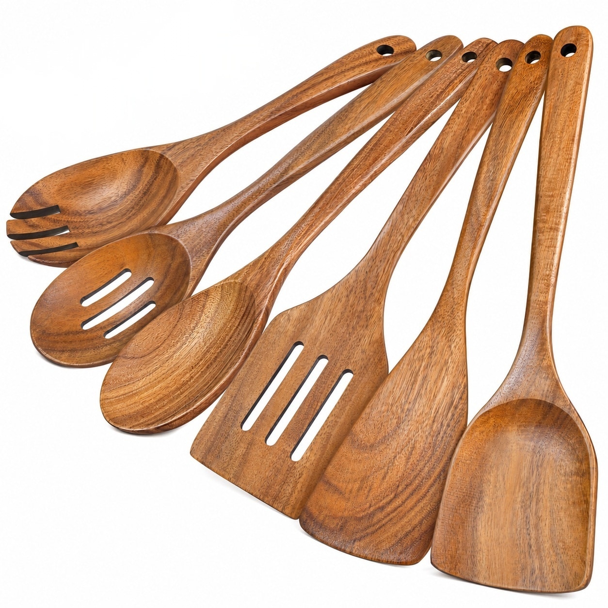 Aoibox  6 Piece Natural Teak Wooden Cooking Utensil Set with Long Comfortable Grip Handles for Non Stick Cookware