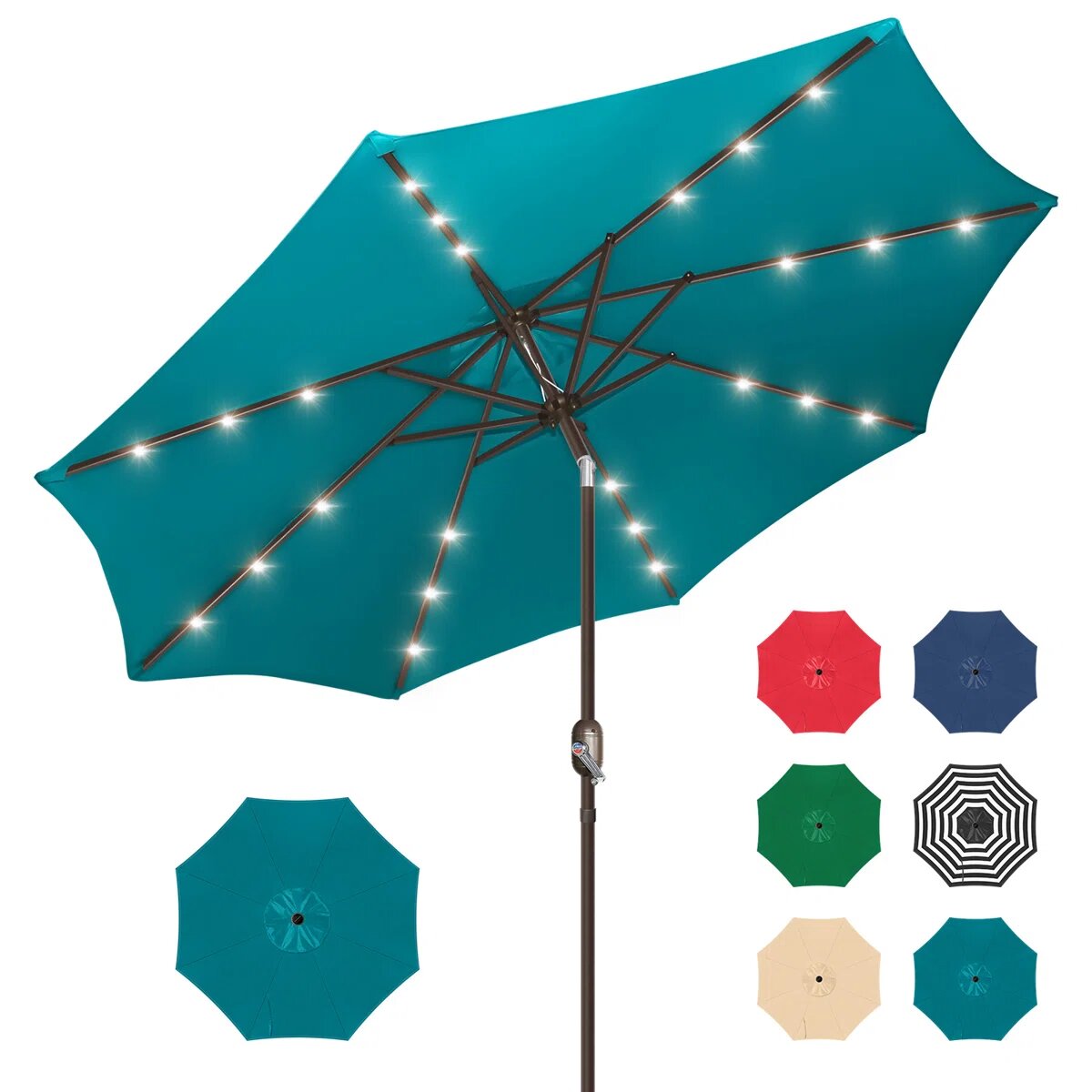GARSING 9FT-SOLAR-TEAL GREEN 9-ft Steel Green Push-button Tilt Market Patio Umbrella with Lights