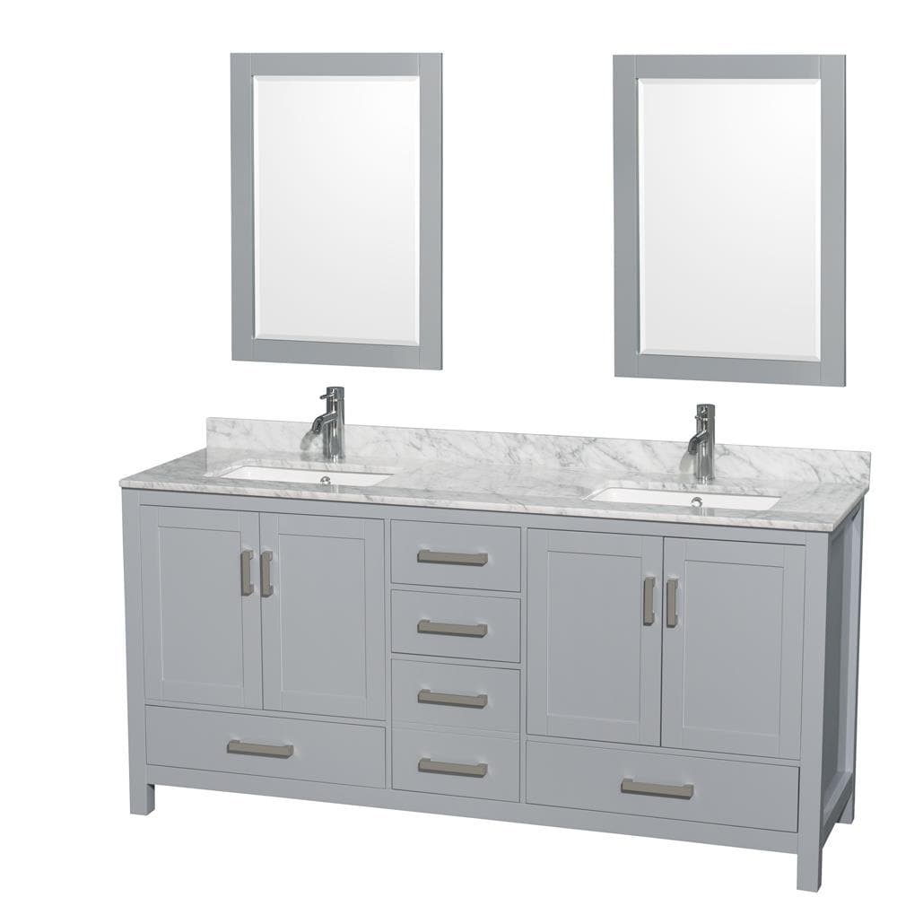Wyndham Collection WCS141472DGYCMUNSM24 Sheffield 72-in Gray with Brushed Chrome Trim Undermount Double sink Bathroom Vanity with White Carrara Marble Natural marble Top (Mirror Included)