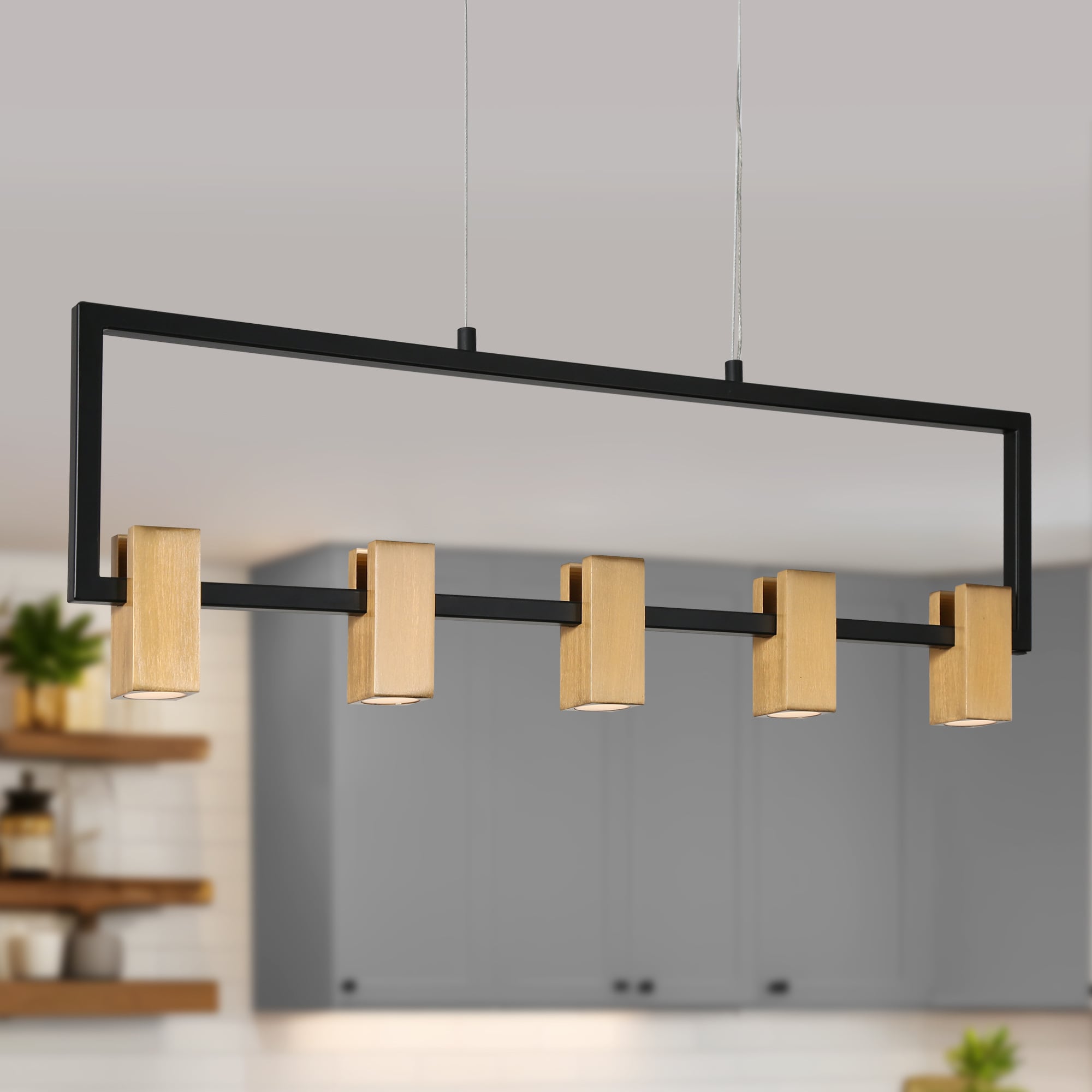 ZEVNI L3BZBJIEW4653SK7 Linekia Transitional 5 -Light Matte Black/Polished Brass Modern/contemporary Linear Integrated LED Large Hanging Kitchen island light