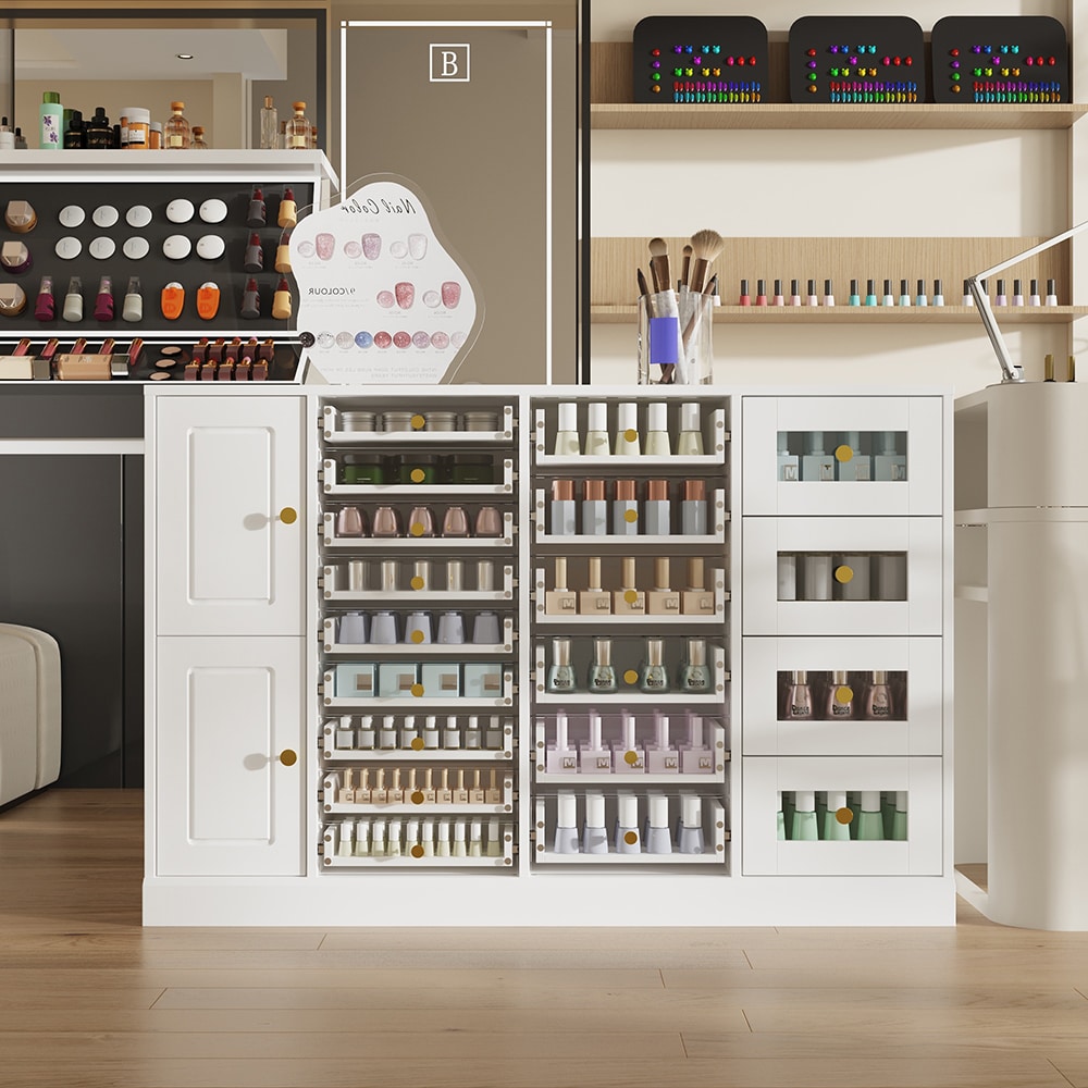 Homsee  Premium White Nail Storage Cabinet with Acrylic Drawers and Gold Accents for Efficient Nail Care Organization