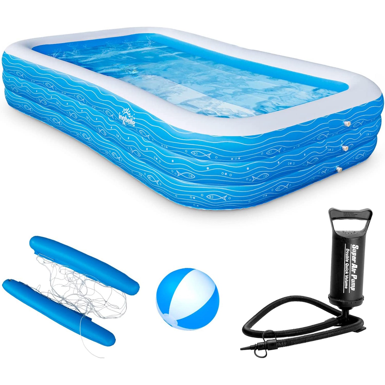 INGBELLE 295741 Ingbelle Family Inflatable Kiddie Volleyball Swimming Pool with Net and Pump, Blue