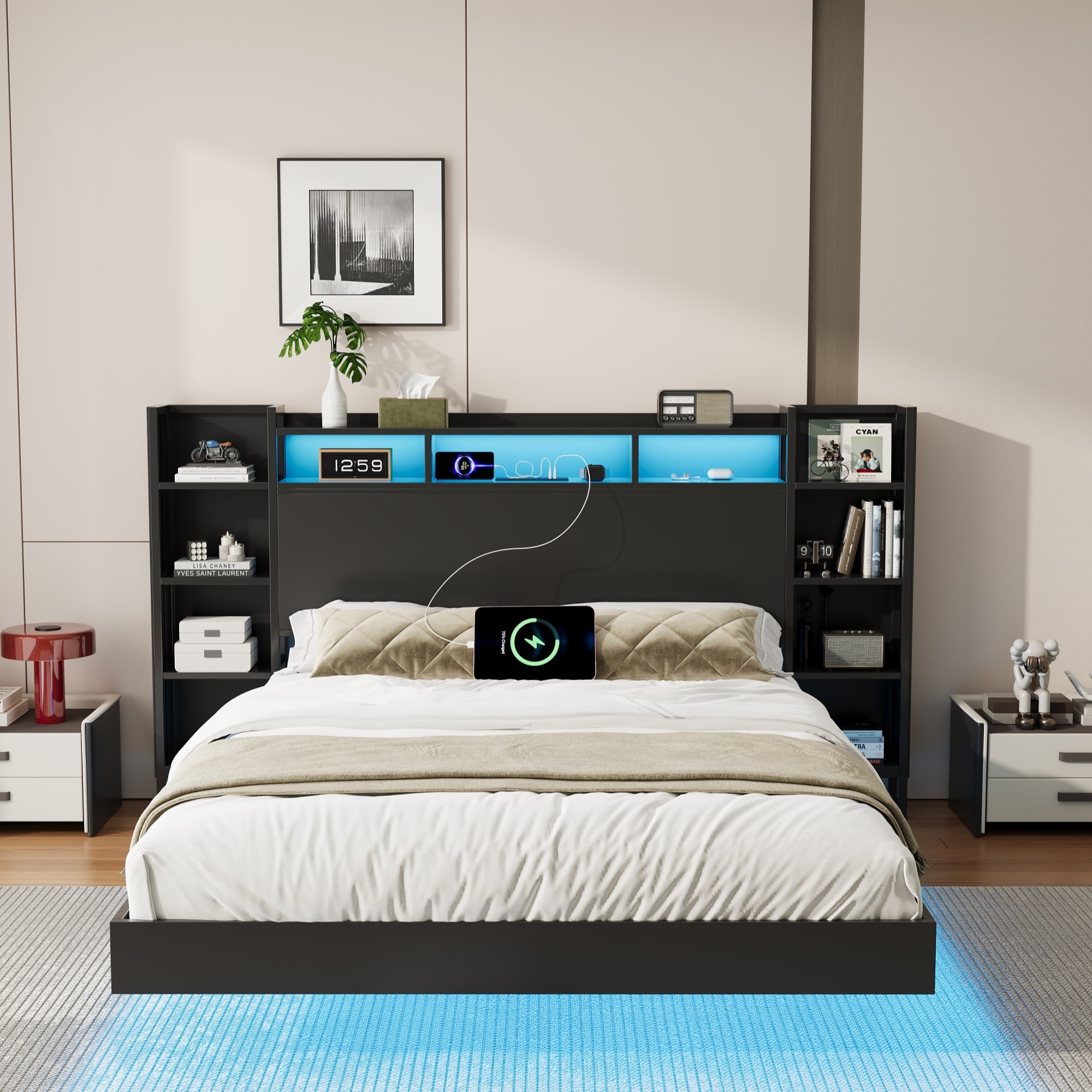 Bellemave - Full Size Floating Bed Frame with USB Charging Station Storage Headboard Led Lights H...