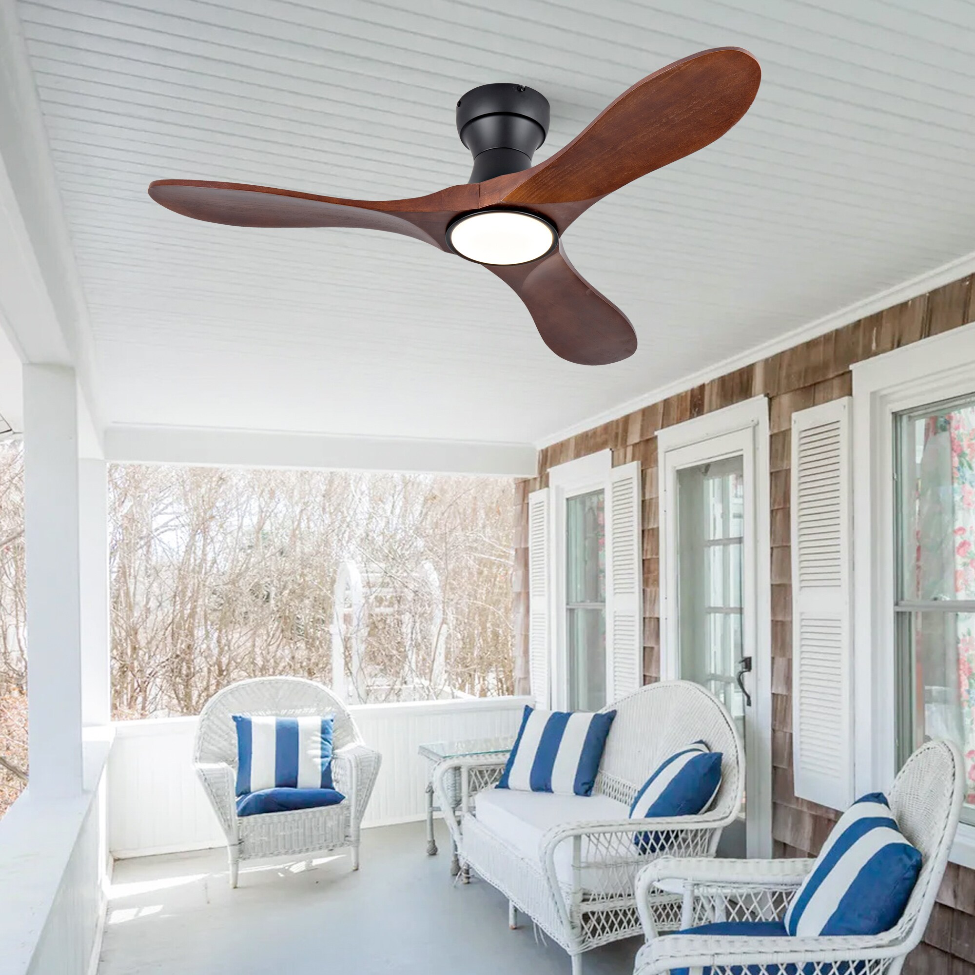 JUSHUA 42 inches Solid Wood Blade Ceiling Fan with LED Light and 6 ...