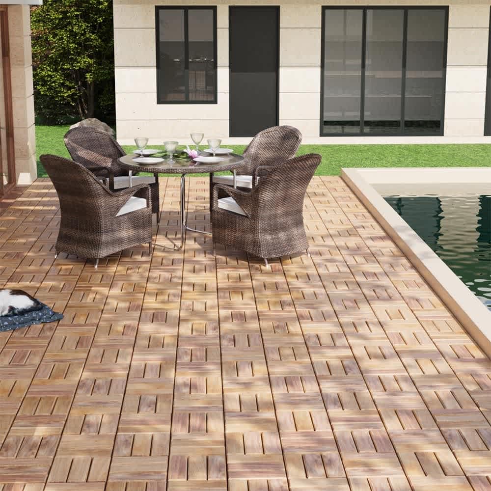 JUJABU Yellow 12Inch x 12Inch 10 PCS Deck Tiles Checker Pattern Square Acacia Hardwood Outdoor Flooring for Patio #DECKTILE-7