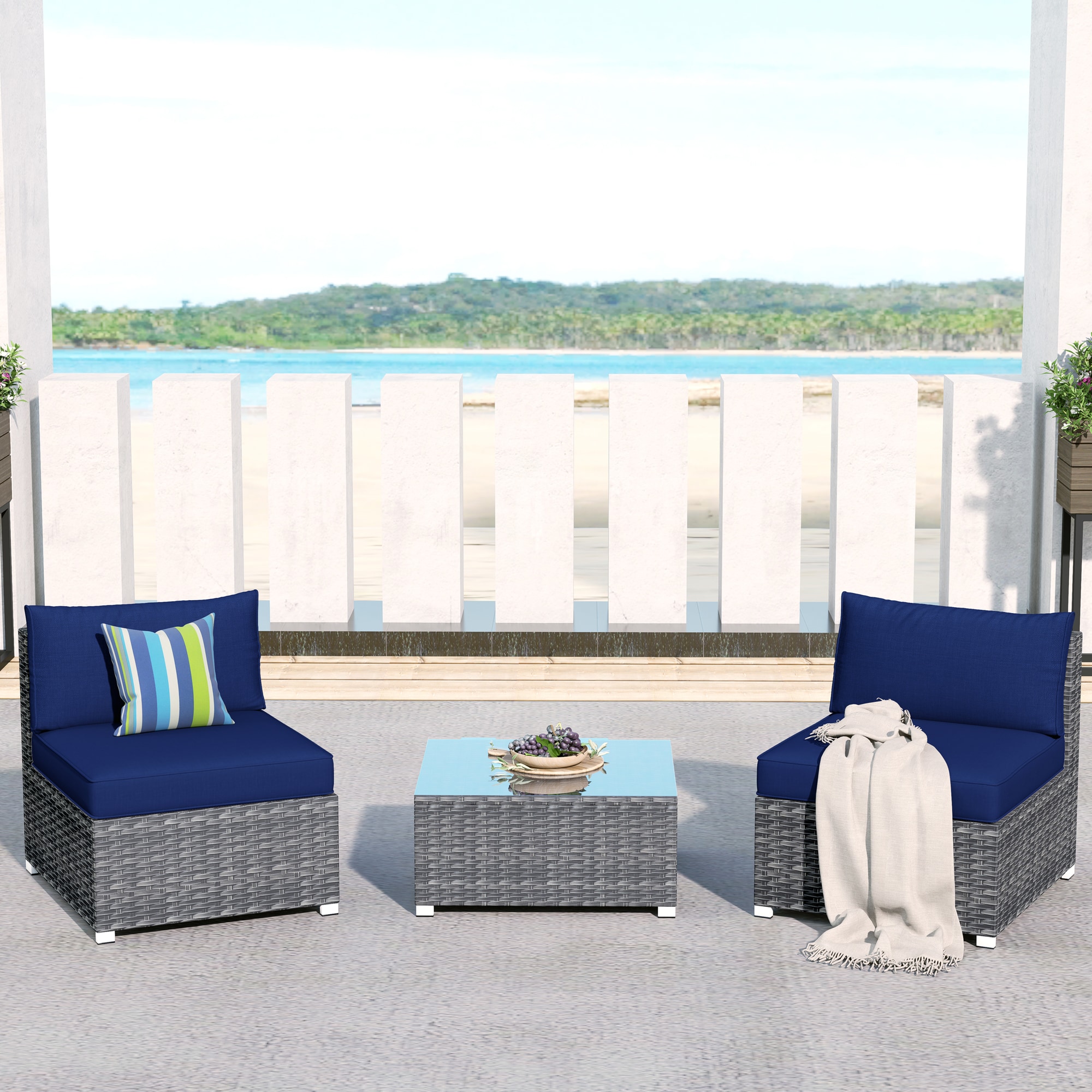 Pouuin SHOP7-BOX2 Set of 2 Wicker Gray Wicker Frame Stationary Conversation Chair with Navy Cushioned Seat
