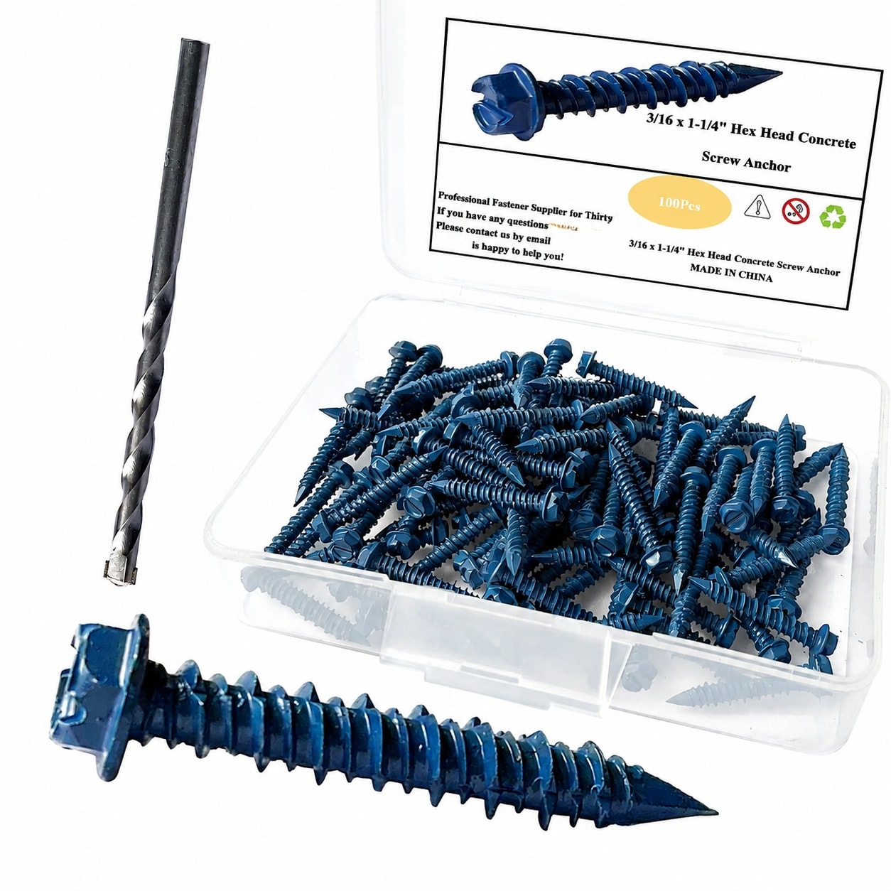 Aoibox  3 16 x 1 1 4 in Hex Head Concrete Screw Anchors 100 Piece Pack for Masonry Block and Brick