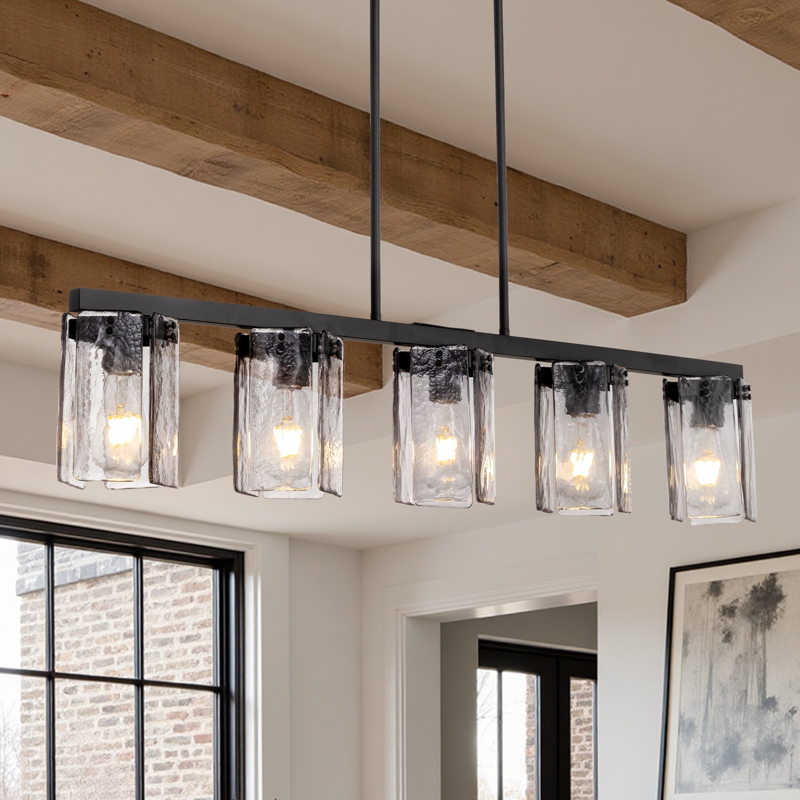 SILJOY 47.2-In Farmhouse Matte Black Linear Chandelier 5 Light Handcrafted Smoked Gray Glass Shades E26 For Kitchen Island Dining Room Living Room Foyer Bedroom