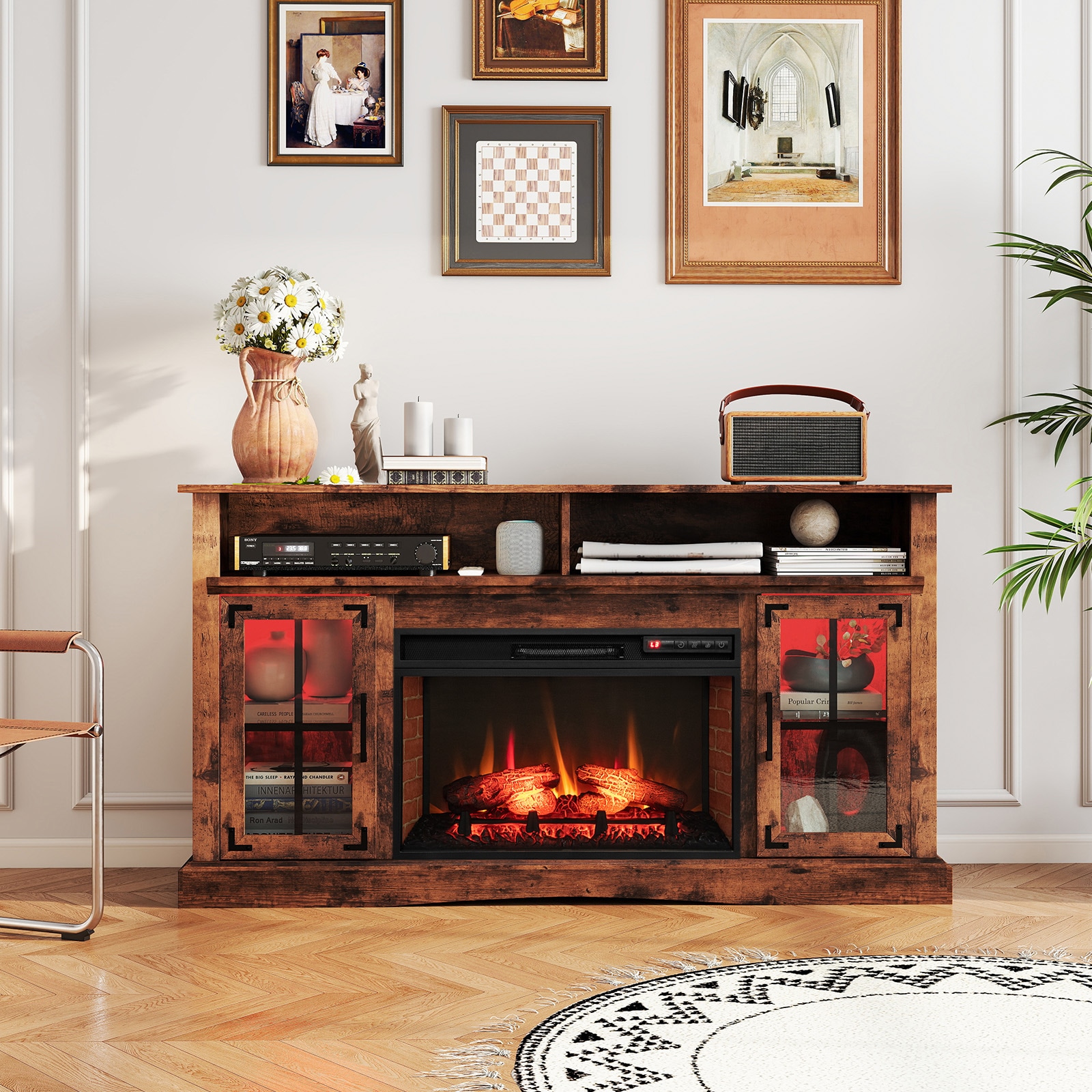 Clihome 58-in W Rustic Brown TV Stand with Fan-forced Corner or Flat Wall Electric Fireplace with Remote Control Included