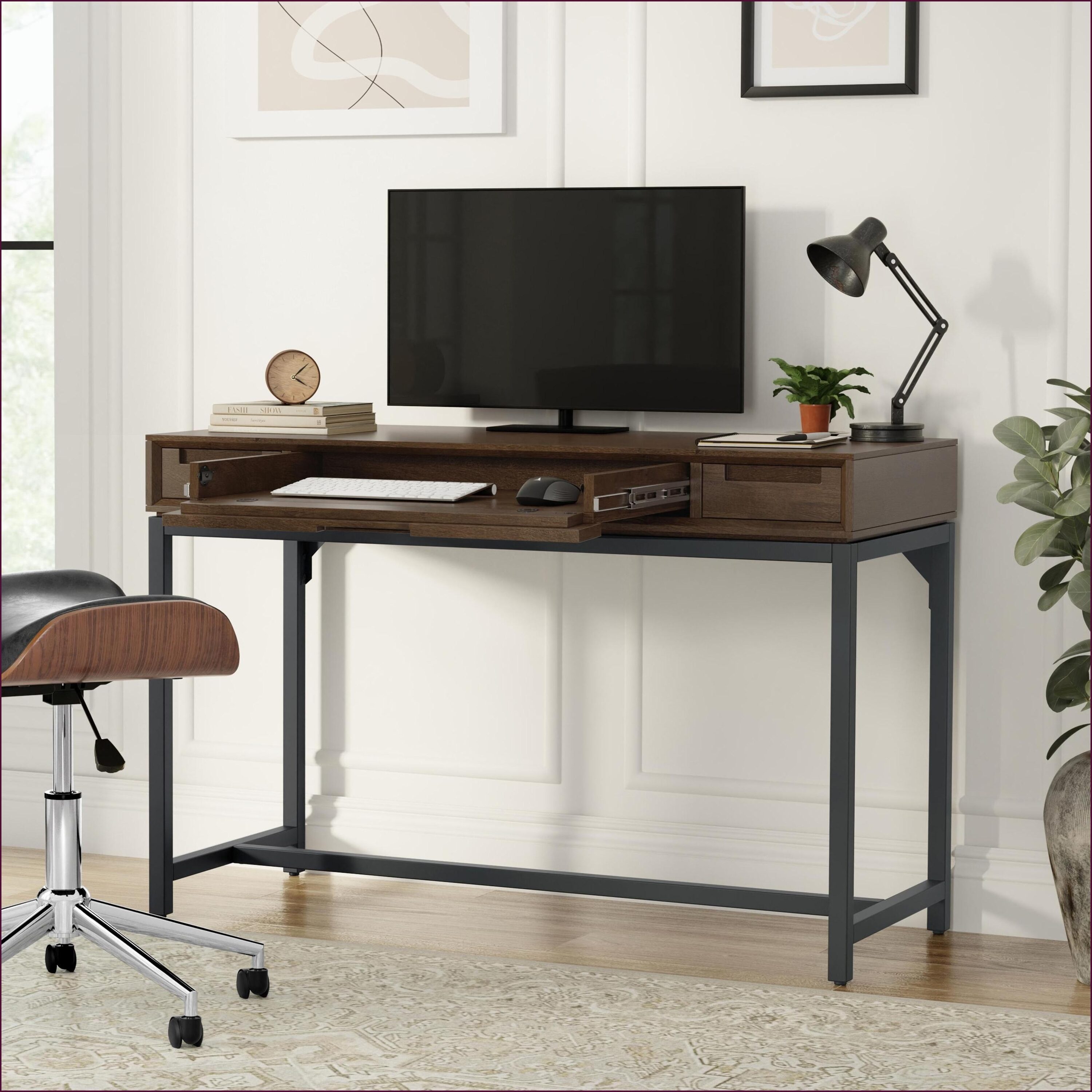 SunJet Desks Mid Century Industrial Small Desk with Drawers Keyboard Tray Solid Rubberwood Metal Walnut Brown Graphite Grey | YMBSQQQ0X2MLN