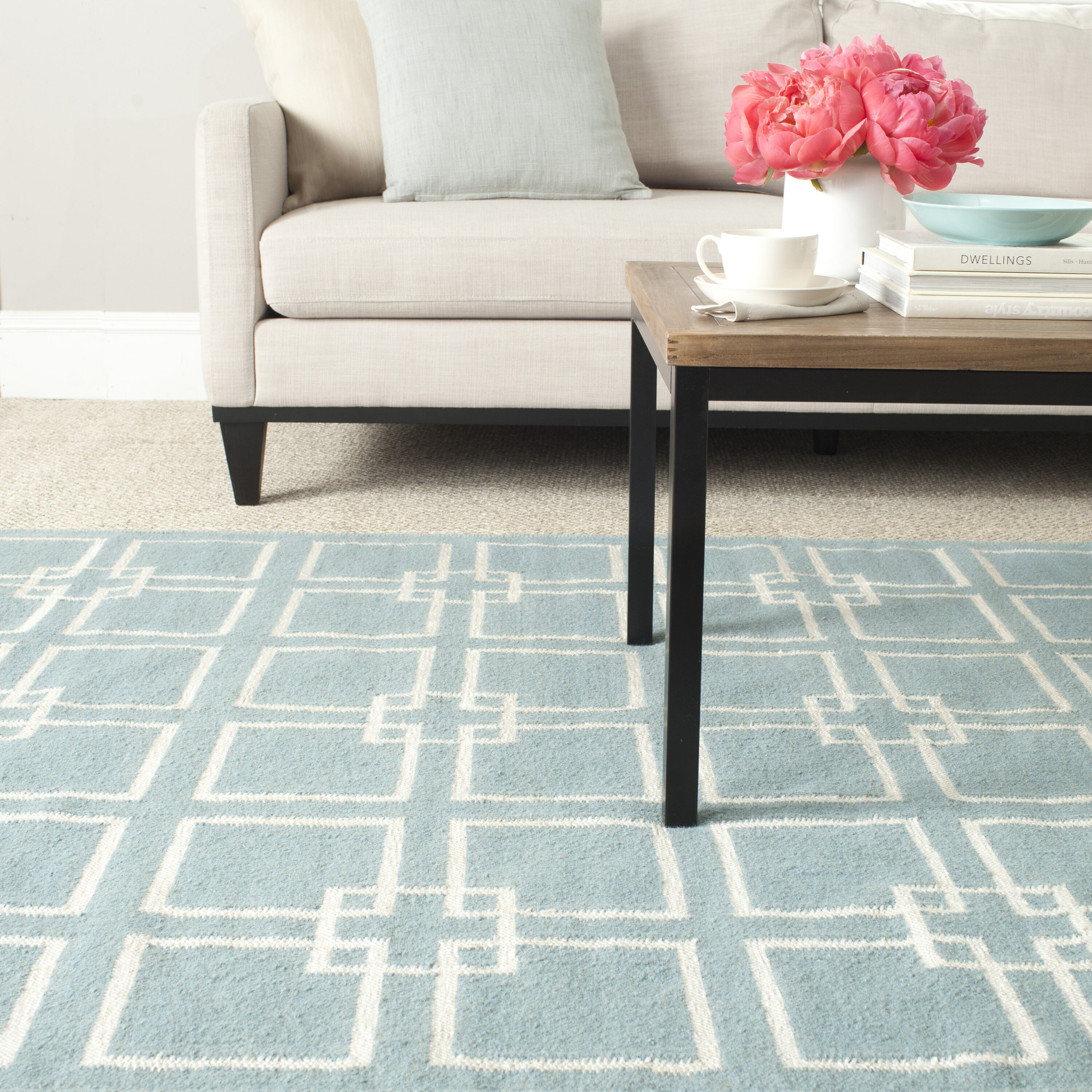 Martha Stewart MSR1151B-5 Square Dance 5 x 8 (ft) Wool Geyser Blue Rectangular Indoor Geometric Farmhouse/Cottage Area rug