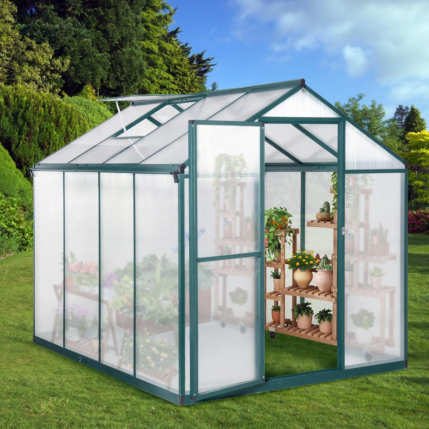 Edwards WLS-PHO-14TFY2FB Polycarbonate Greenhouses Green Houses for Outdoor Walk-in Greenhouse with Roof Vent and Lockable Door Heavy Duty Aluminum Frame Green House for Winter Garden Patio Backyard