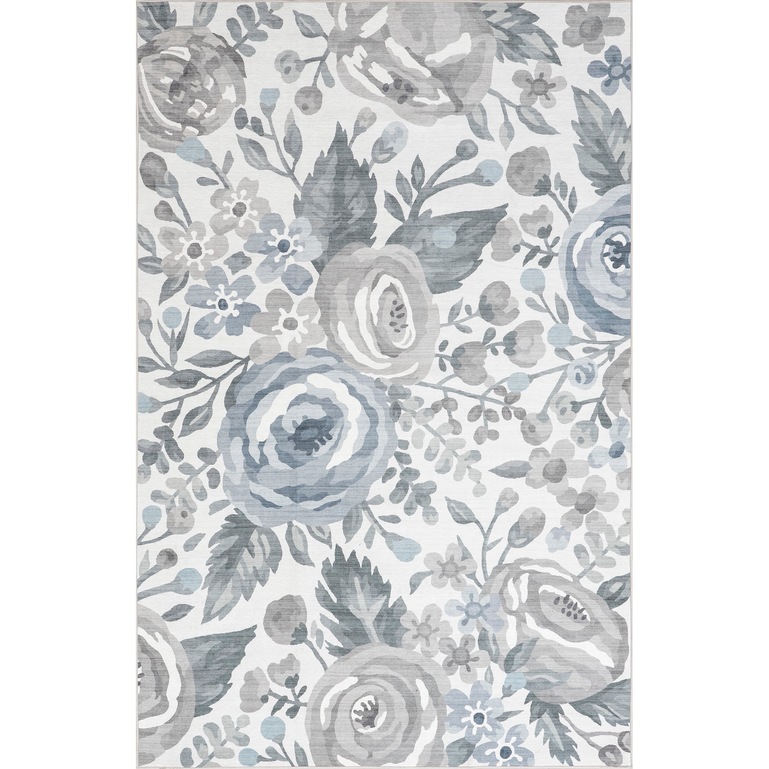 Gray Floral Washable Stain-Resistant Synthetic Area Rug 4' x 6'