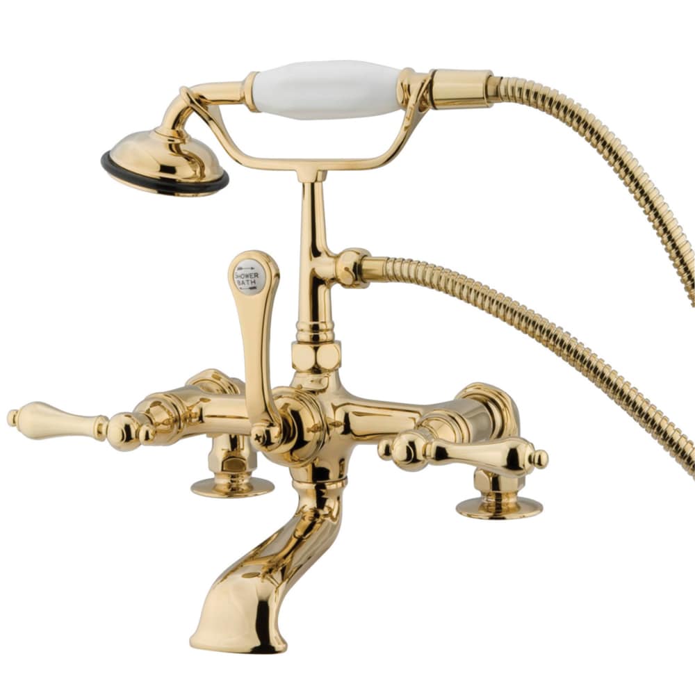 Kingston Brass Vintage Polished Brass 3 Handle Deck Mount Roman Low Arc Bathtub Faucet With Hand