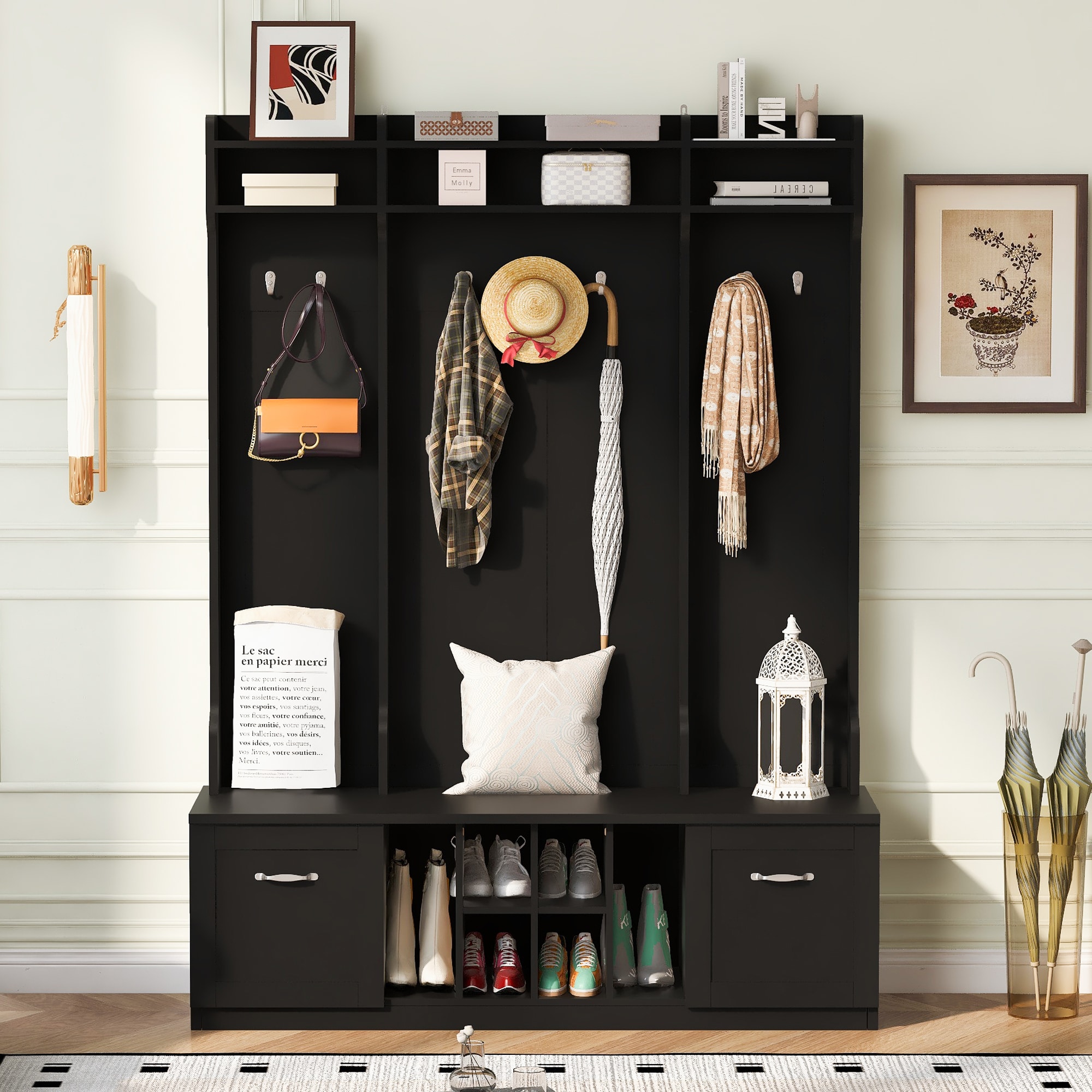 ModernLuxe L3P-N724P235232B 5in1 Entryway Bench with Coat Rack 7 Sturdy Hooks 2 Spacious Drawers and Adjustable Shelves 58.8inch Wide Hall Tree with Metal Handles for Hallway Entryway Living Room