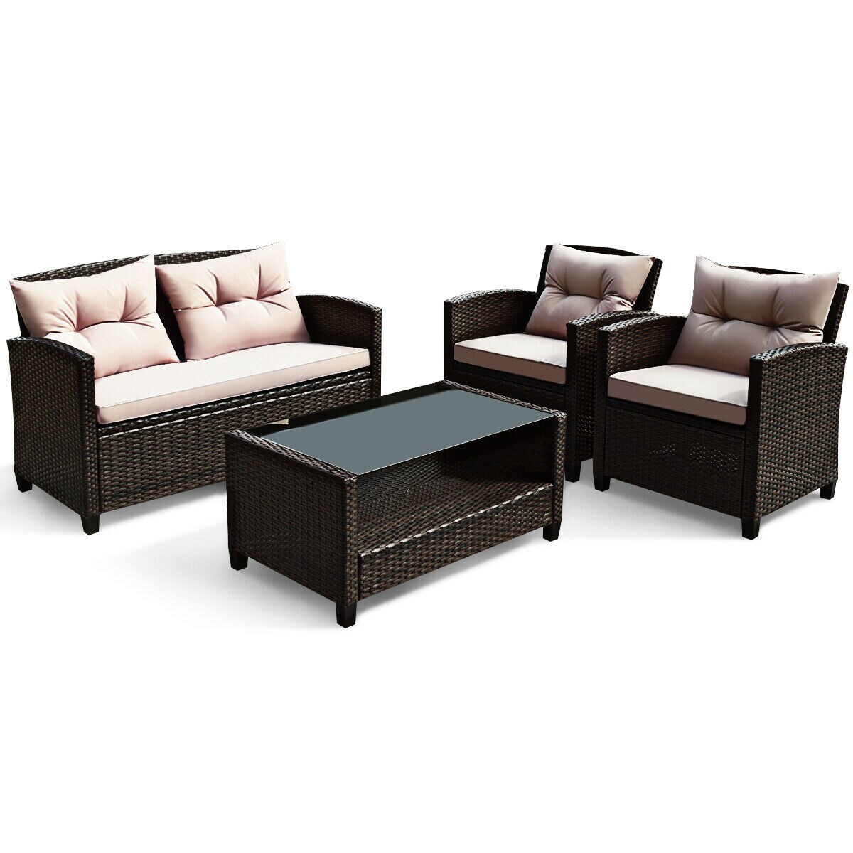 WELLFOR OUZN68659BBN+ 4 -Piece Rattan Patio Conversation Set with Off-white Cushions