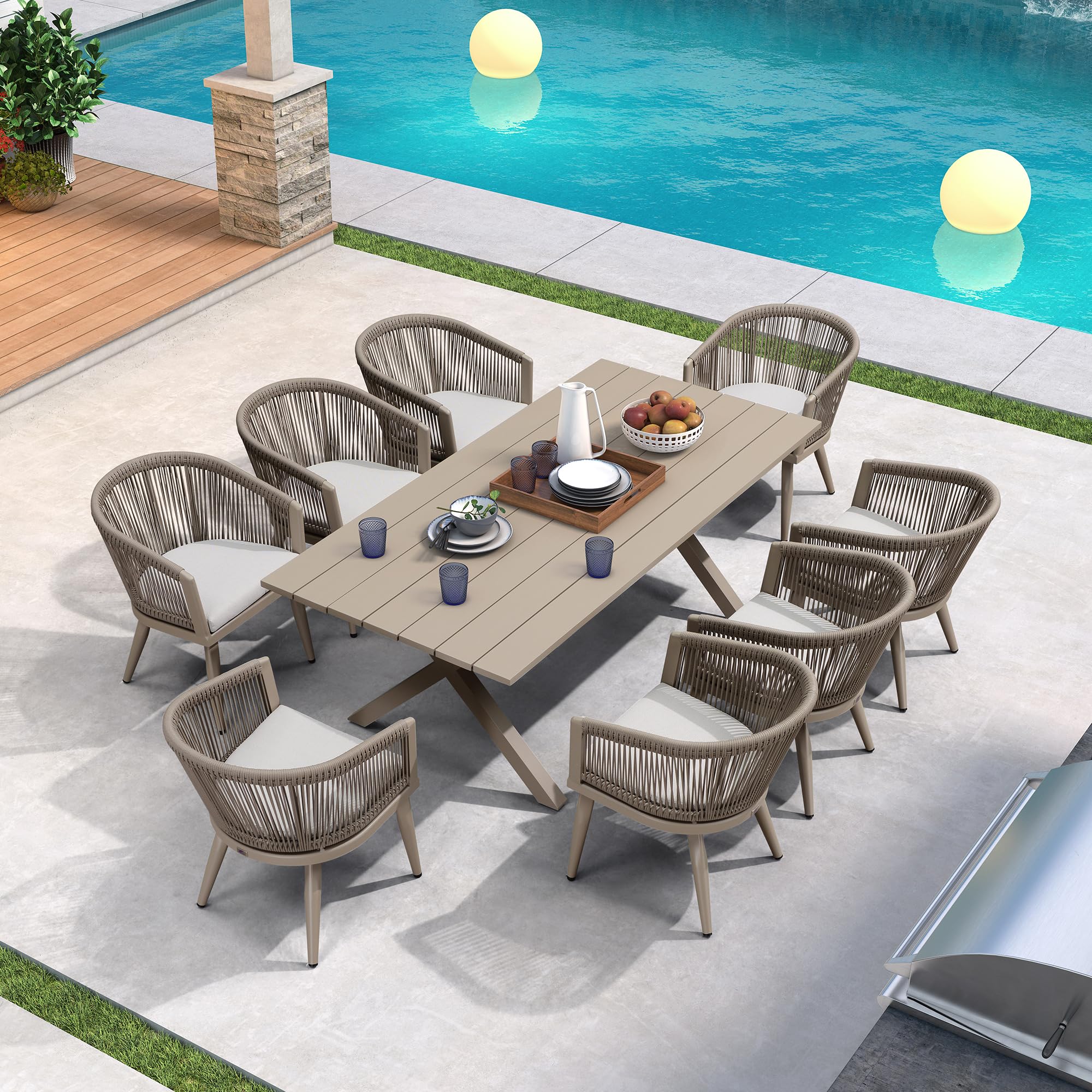 PURPLE LEAF LS04-BTLDS09-CP-220 Patio dining set 9 -Piece 8-seats Patio Dining Set Aluminum Rectangle Table with 8 Tan Cushions Stationary Chairs