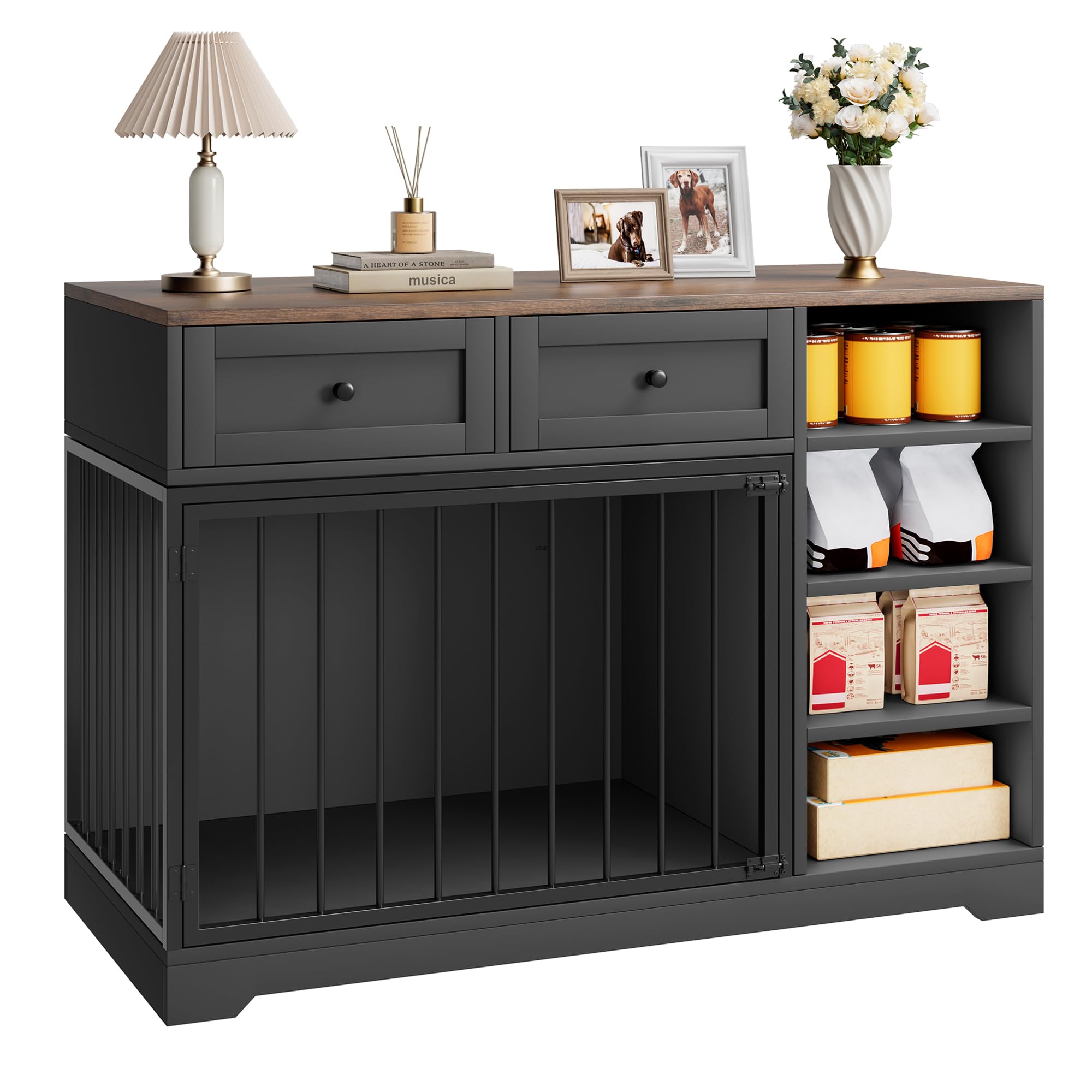 Garvee - Wooden Dog Crate Furniture with 2 Drawers and 4 Open Shelves Multi Functional Pet Kennel...