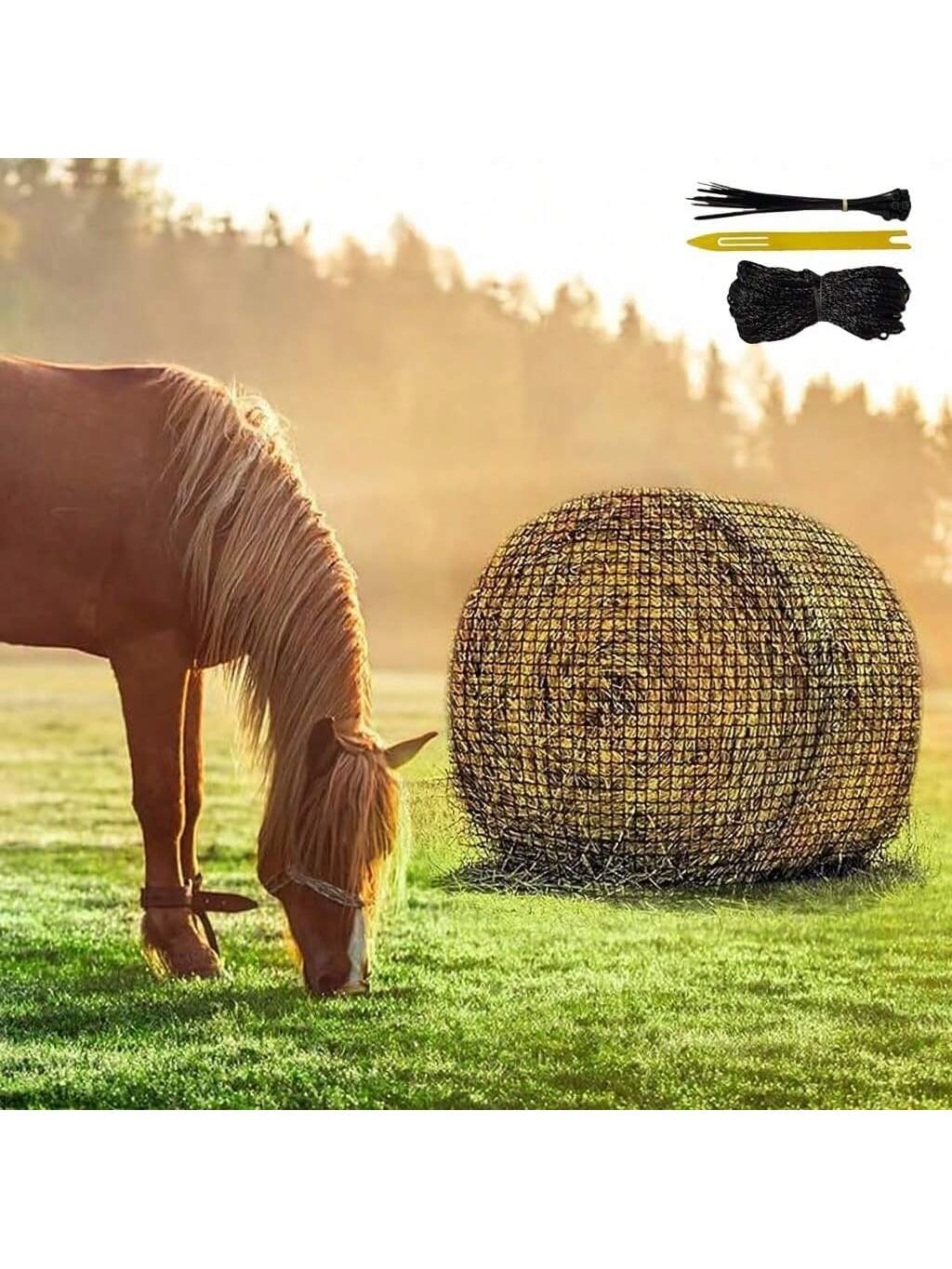 Qeetex BY-PPS-33A4WF5F 6X6 Ft Round Bale Hay Net For Horses And Goats Knotless Design Slow Feed Hay Net With 2inch Holes Large Heavy Duty Slow Feeder Nets