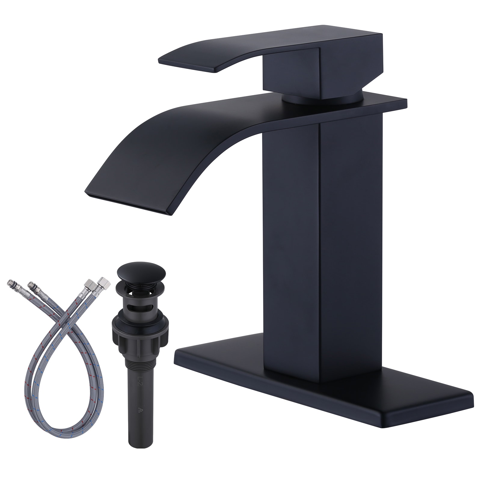 WOWOW 7711A2B-LW Matte black Single hole 1-handle Waterfall Commercial/Residential Handle Bathroom Sink Faucet with Drain with Deck Plate