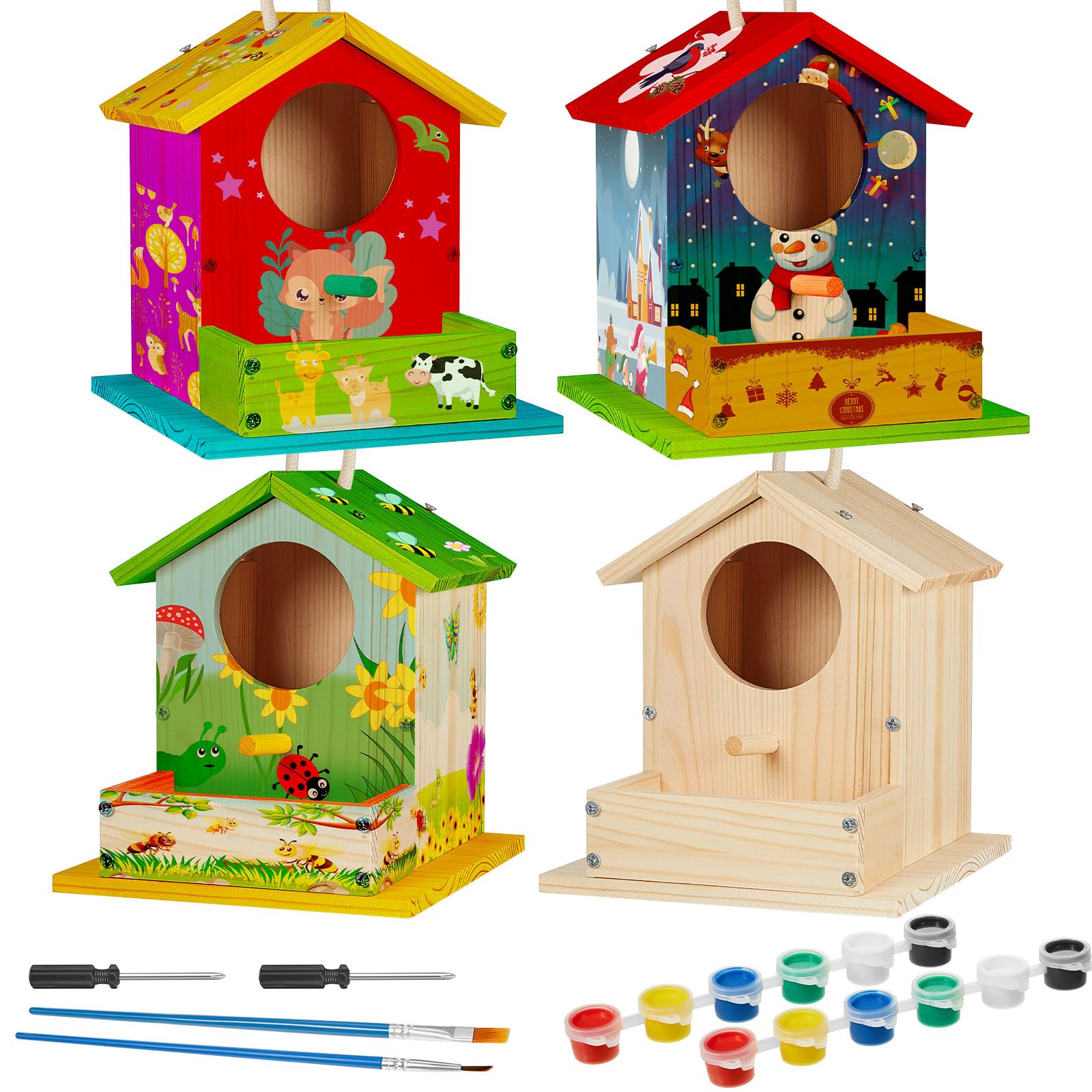 Misopily - 4 Pack DIY Wooden Birdhouse Kit Pre Cut 11 Piece Wood Panels with Screws Rope Screwdr...