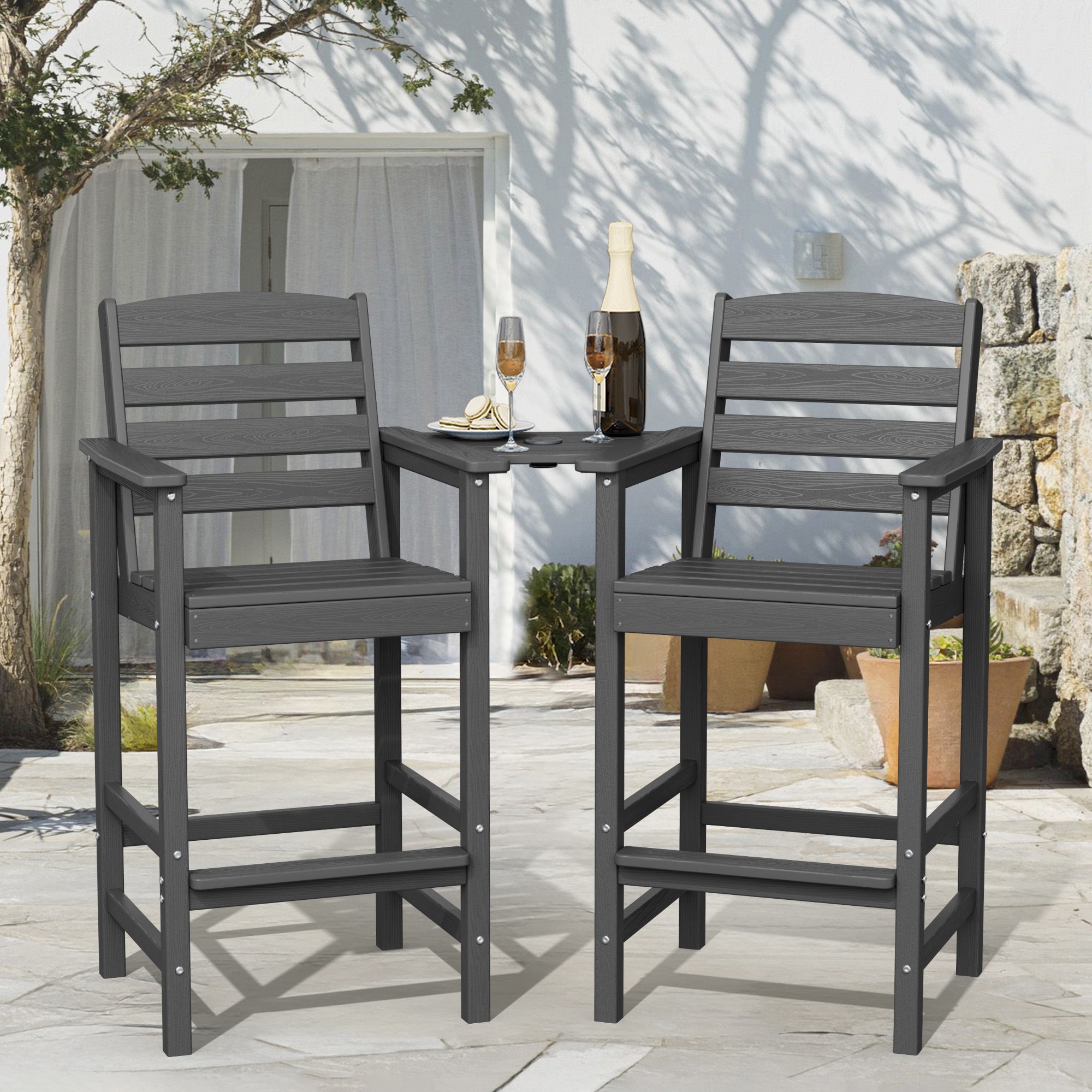 JEAREY GYCY-GN Tall Bar Chairs Set for Two with Detachable Connecting Tray Set of 2 Gray HDPE Frame Stationary Adirondack Chair with Slat Seat